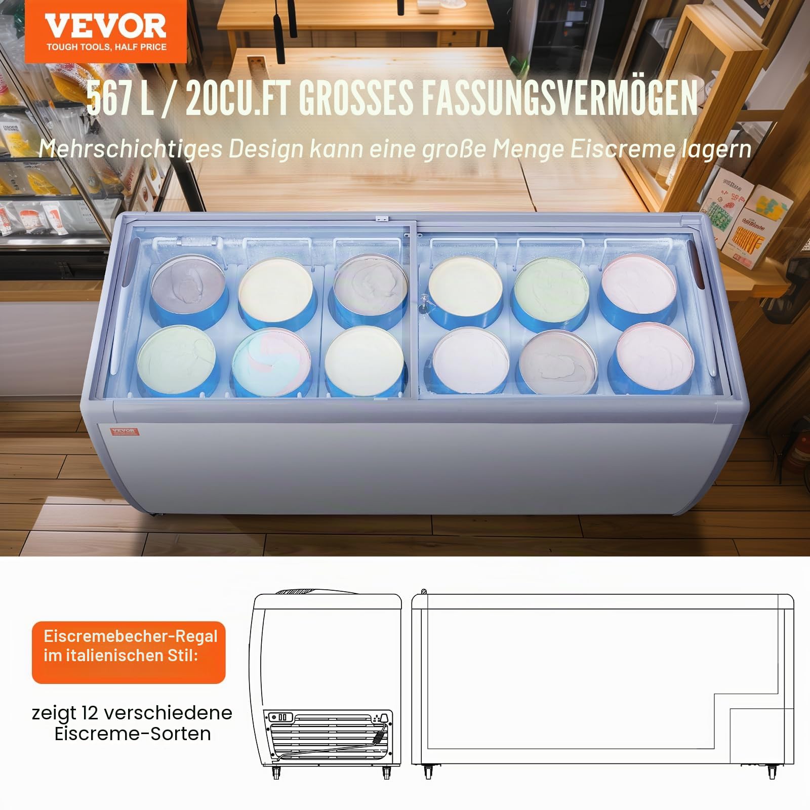 VEVOR Kommerzielle Eiscreme-Vitrine, 567 L Gefriertruhe, Mobiler Tiefkühlschrank mit Glasplatte, Restaurant-Gelato-Tauchschrank mit 12 Großen Behältern, 2 Glasschiebetüren, Feststellrollen, Weiß