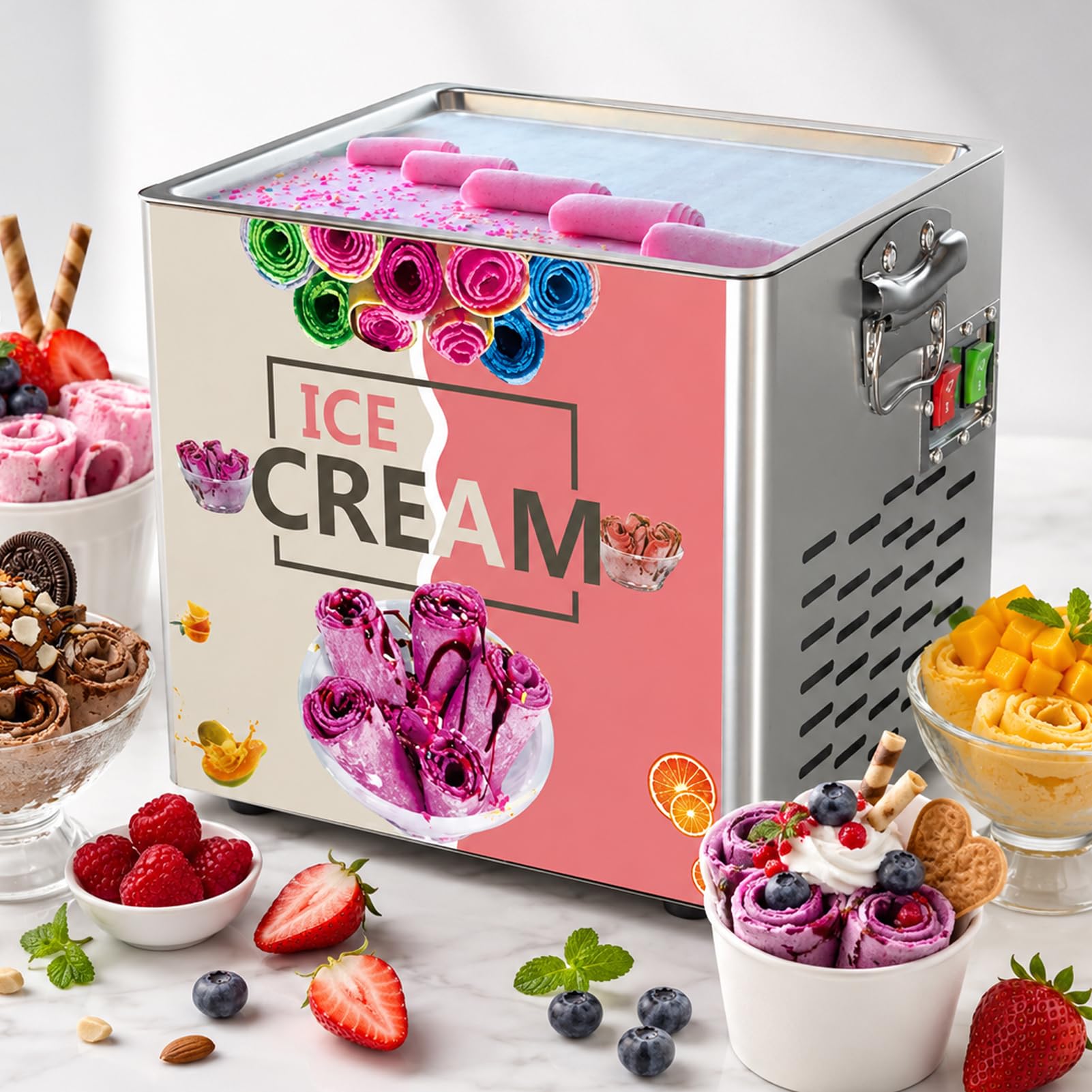 LYJIANGXIN Stainless Steel Commercial Ice Cream Roll Maker 330W, Single Square Pan Ice Pan Compressor Rolled Ice Cream Machine, for Frozen Yogurt Dessert Shop Café Home Kitchen