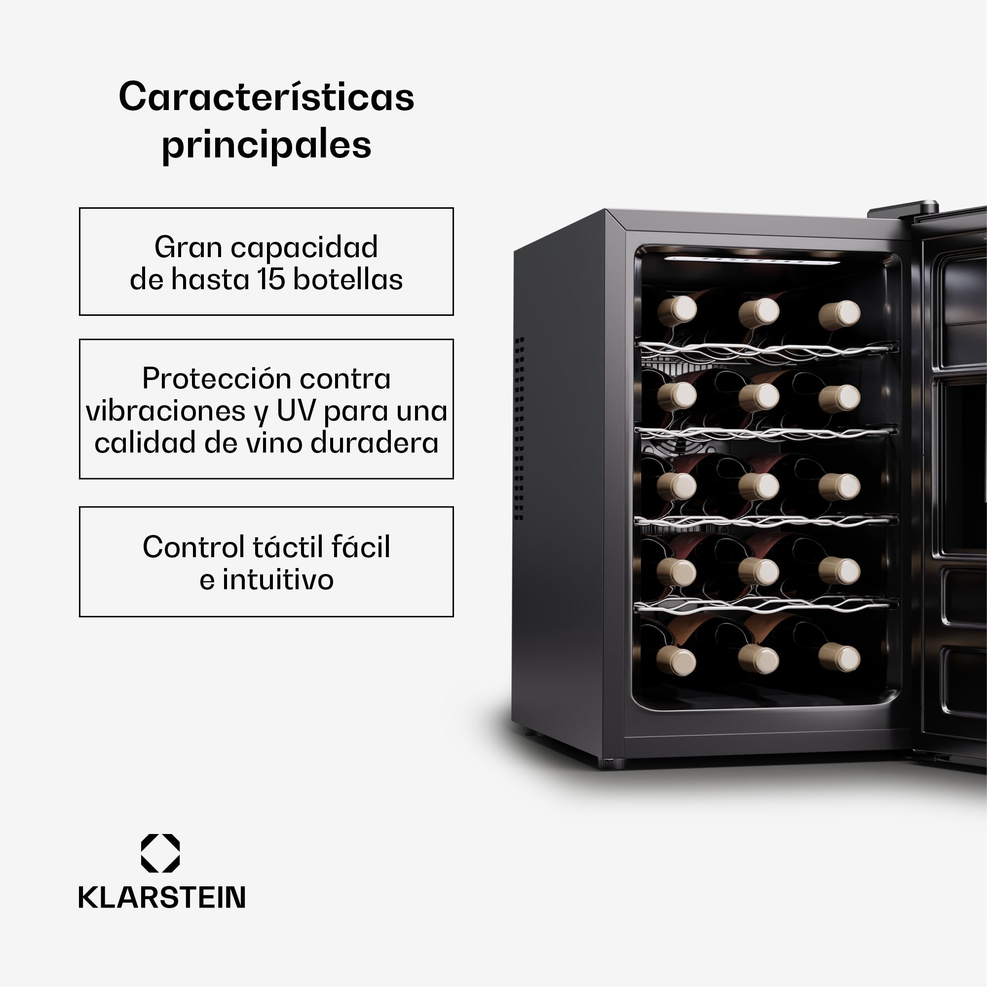 KLARSTEIN Nevera para vino independiente 1 zona, Nevera para bebidas pequeña, Nevera para vino pequeña con puerta de cristal,para botellas interior/exterior, para, 15 botellas