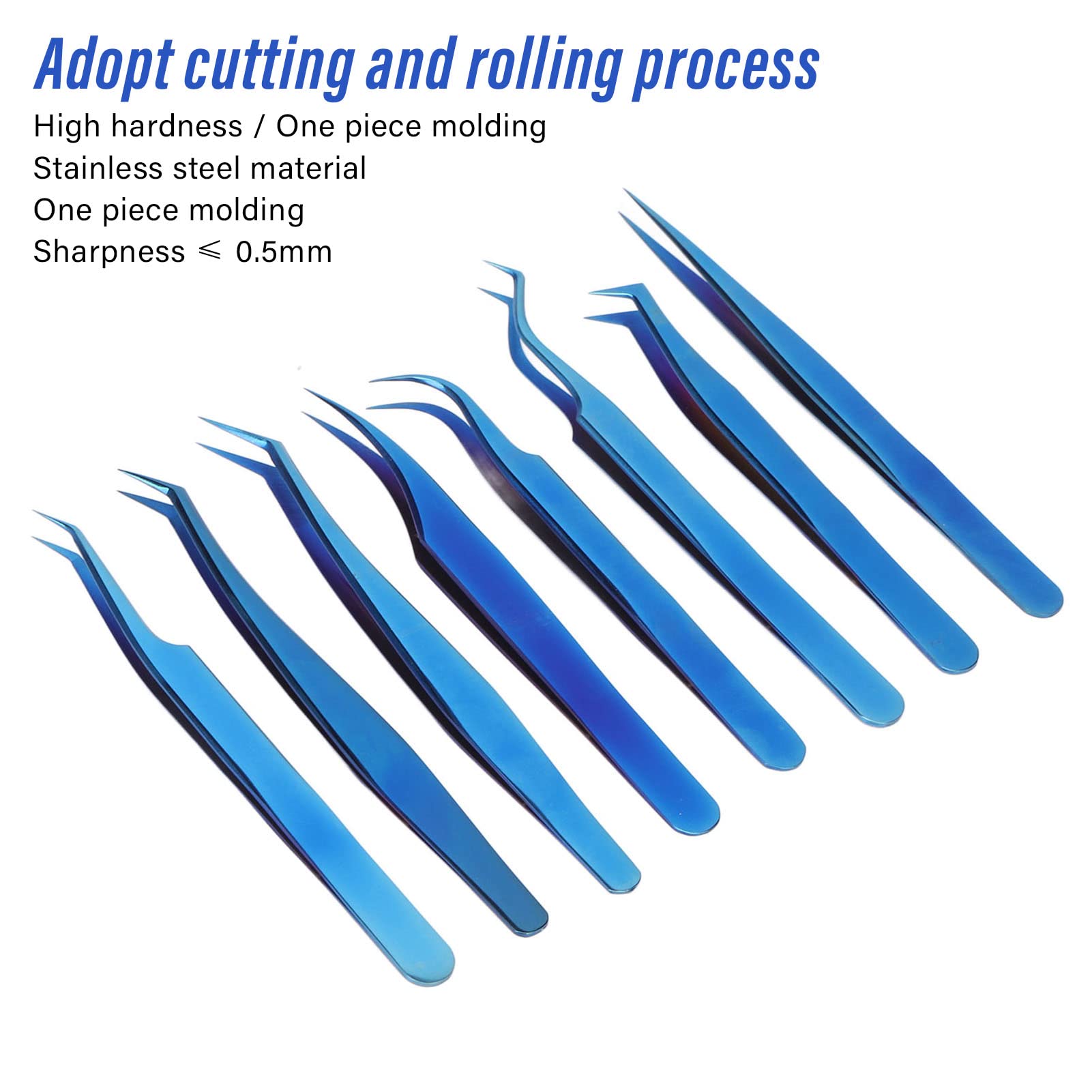 Juego de pinzas de extensión de pestañas, acero inoxidable profesional, titanio azul, 8 piezas, punta fina, diseño ergonómico para artistas de pestañas principiantes