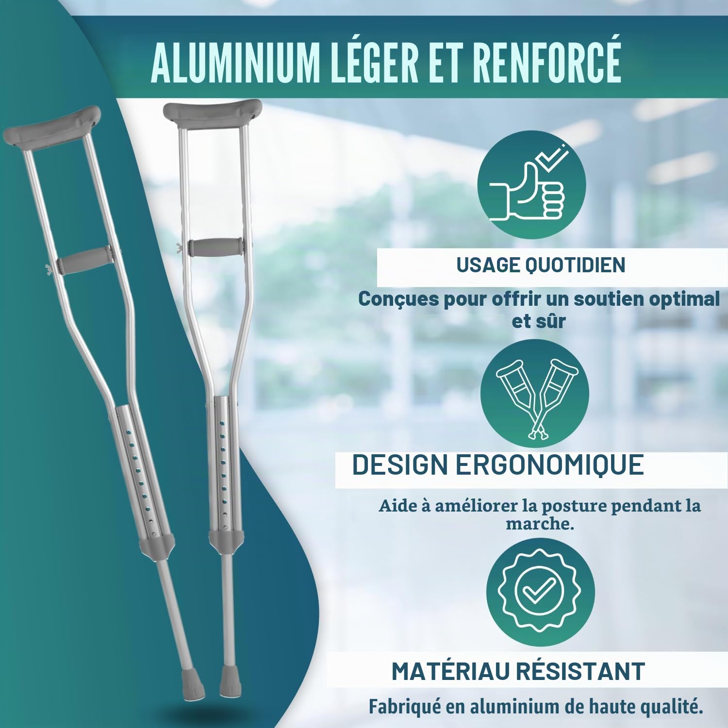 OrtoPrime Béquilles Médicales Adultes x2 – Béquille Médicale Réglable en Aluminium Léger – Canne Anglaise Confortable pour Femme & Homme – Béquilles Orthopédiques Sécurisées