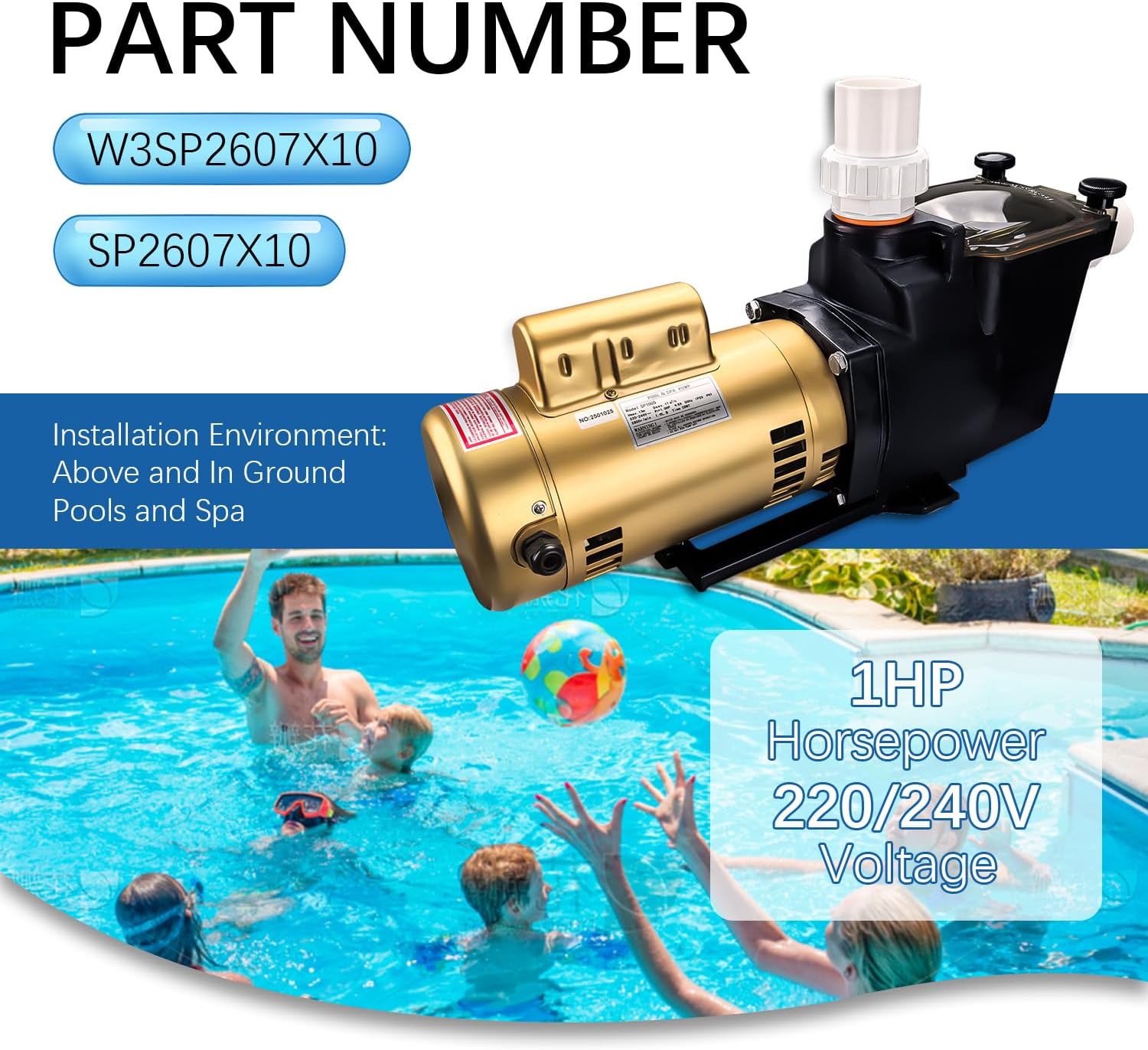 W3SP2607X10 Super Pool Pump 1HP 50Hz 230V Replacement for Hayward SP2607X10,Single Speed Pool Pump Suitable for Above and In Ground Pools and Spa