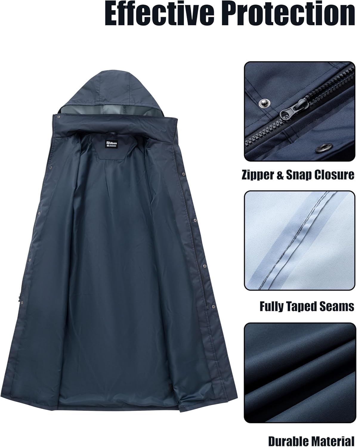 Ubon Mens Long Rain Coat Waterproof with Hood, Lightweight Rain Jacket Spring Windbreaker for Travel and Hiking - Image 3