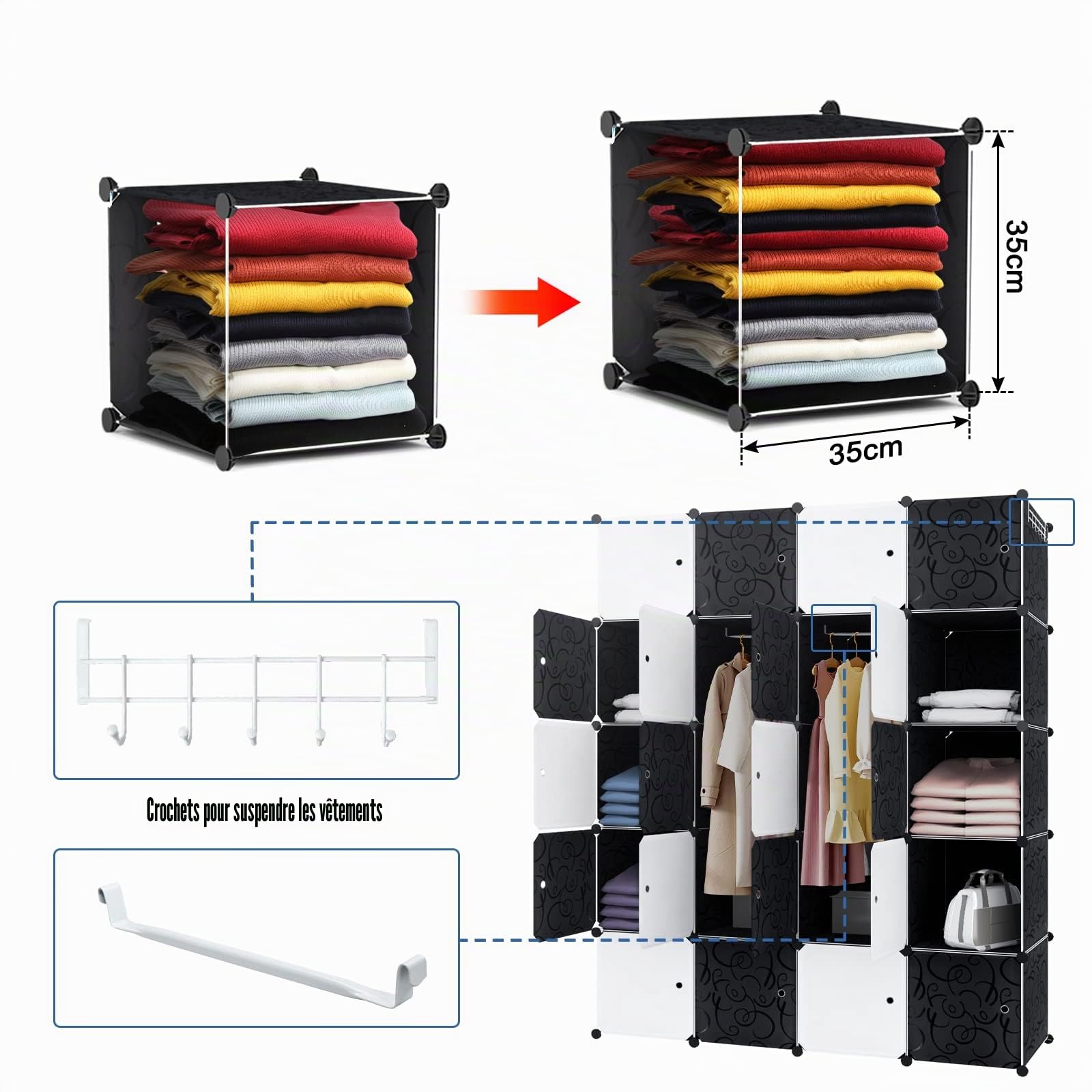 HENGMEI Système d'étagères de penderie avec portes en plastique PP - Rangement des vêtements, livres, montage DIY (20 boîtes avec porte, avec 2 tringles à vêtements, noir)