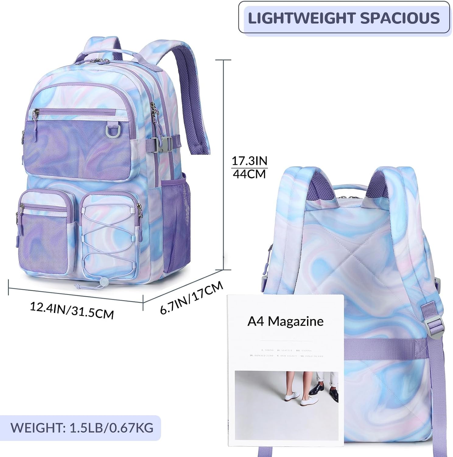 Lohol Multi-Pocket Backpack for School College Travel, Heavy Duty Big Bookbag with 15.6 inch Laptop Compartment (Purple Galaxy