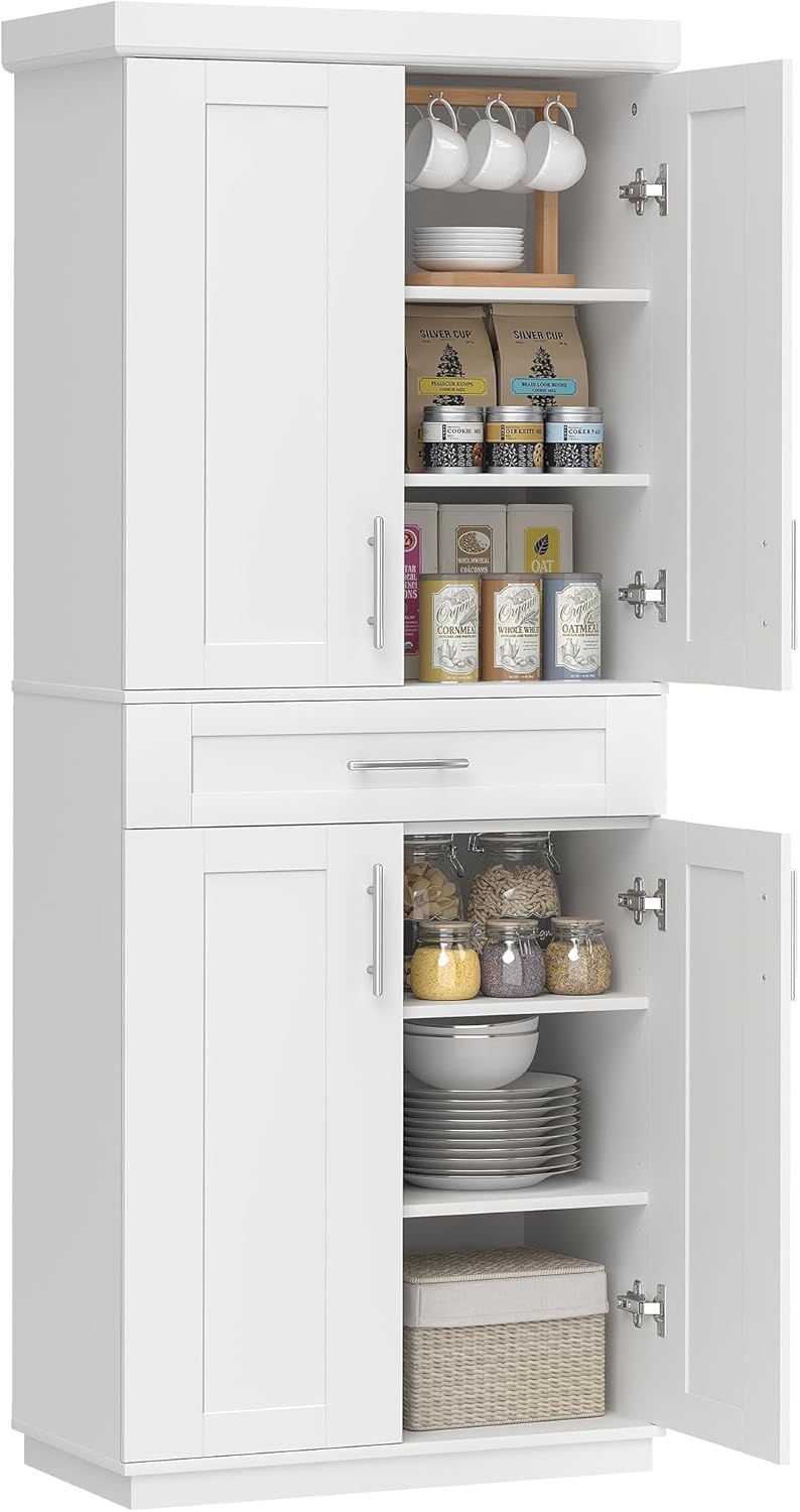 HOMCOM 72" Kitchen Pantry Cabinet, Freestanding Tall Storage Cabinet with 4 Doors, Drawer and 3 Adjustable Shelves for Dining Room, White