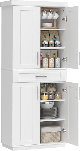 HOMCOM 72" Kitchen Pantry Cabinet, Freestanding Tall Storage Cabinet with 4 Doors, Drawer and 3 Adjustable Shelves for Dining Room, White
