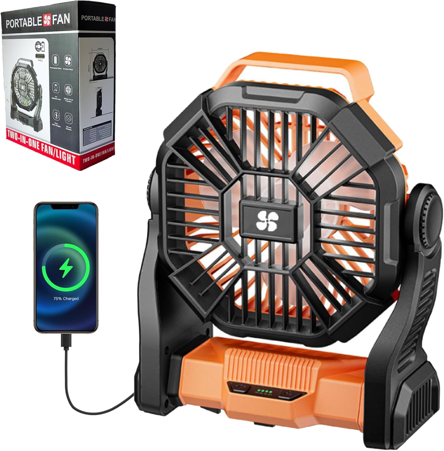 Portable Camping Fan Rechargeable ，Battery Operated Fans with Light 4 Speeds & Hook, USB Rechargeable Outdoor Camping for Tent, Orange