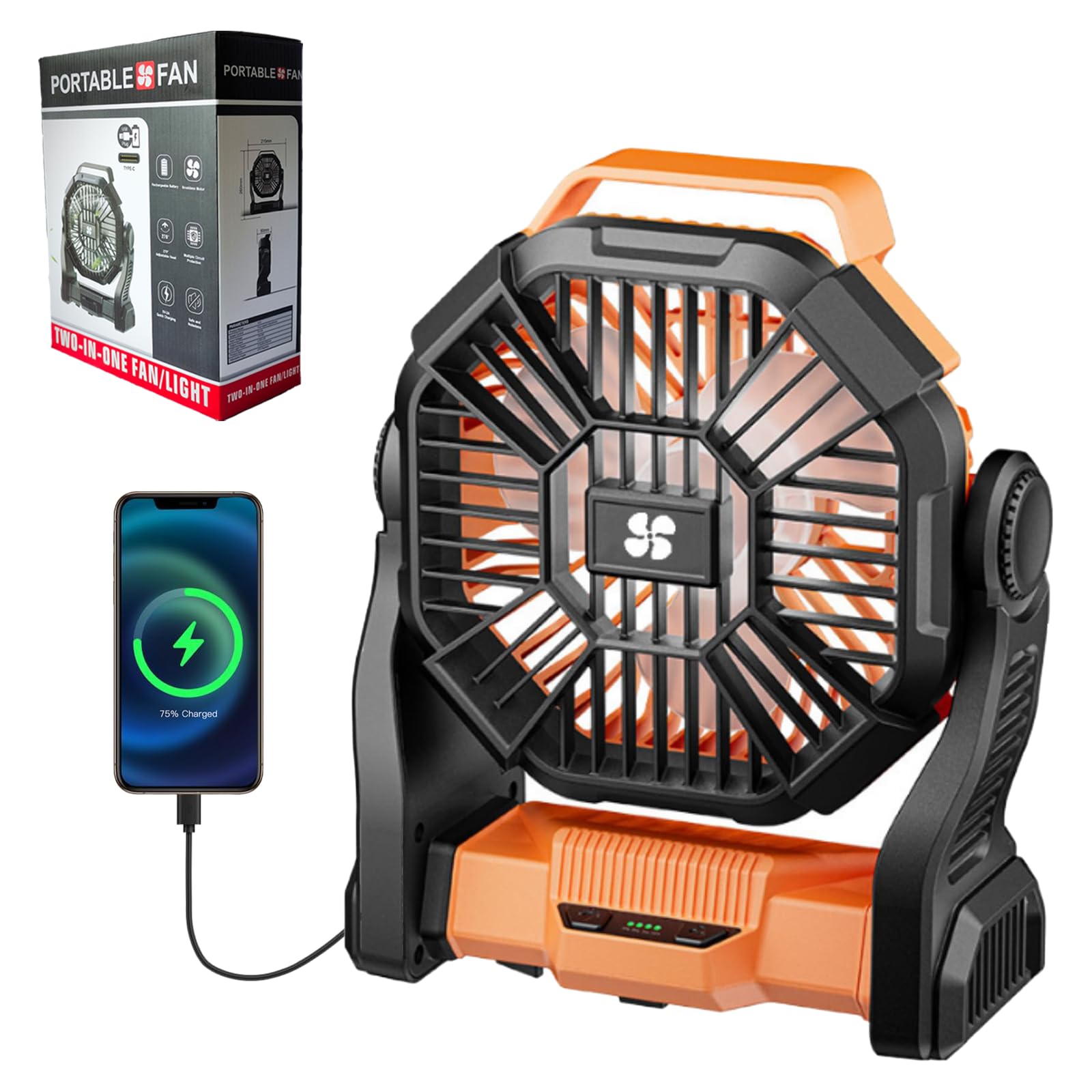 Portable Camping Fan Rechargeable ，Battery Operated Fans with Light 4 Speeds & Hook, USB Rechargeable Outdoor Camping for Tent, Orange