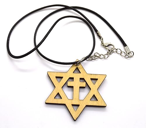 Miniatura 3 de Star of David with the cross wooden Messianic Jewish pendant pendant Basswood or Walnut 18" necklace handemade lasercut (Beige)