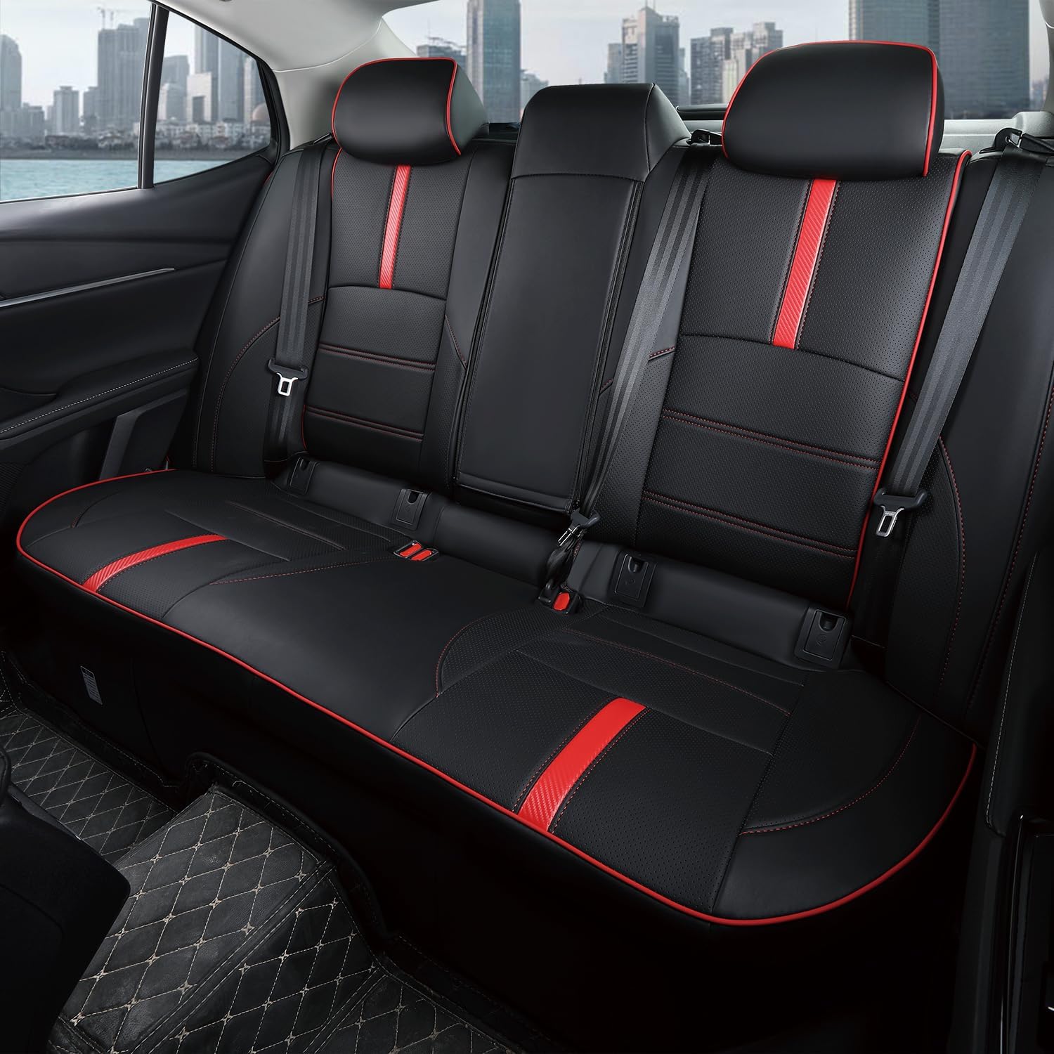 Custom Fit Seat Covers for 2025-2026 Toyota Camry Hybrid XLE XSE - Full Set Premium Waterproof Faux Leather Car Seat Protectors (Black+Red Line)