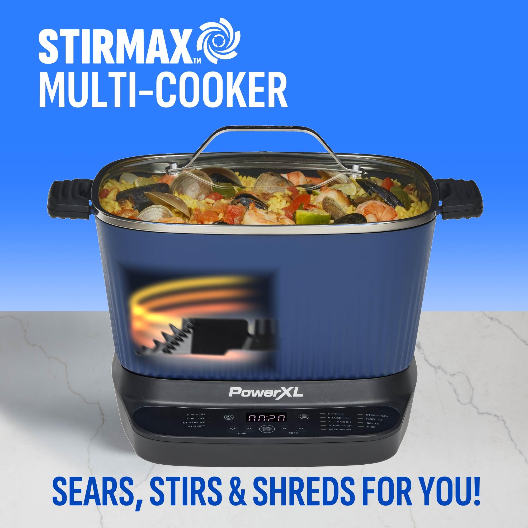 STIRMAX™ - Multicooker digitale blu notte con tavolozza automatica di agitazione e triturazione, preimpostazioni programmabili 9 in 1 per saltare, raschiare e caffè prima della cottura