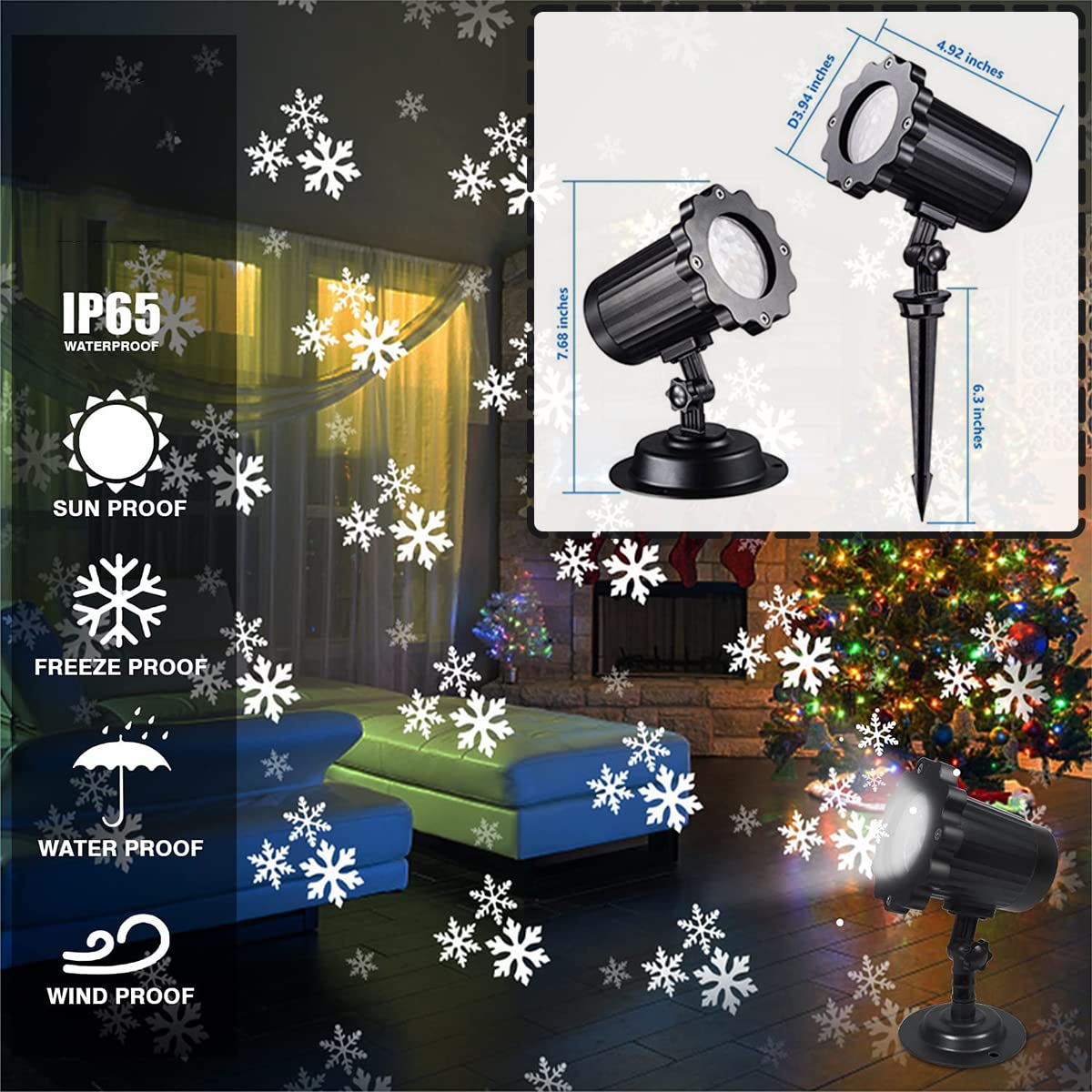 Proiettore di luci di Natale per esterni Impermeabile, fiocco di neve Proiettore di luce per nevicate Luci a LED Decorazione natalizia Luce di paesaggio rotante regolabile per Halloween Festa di Capod