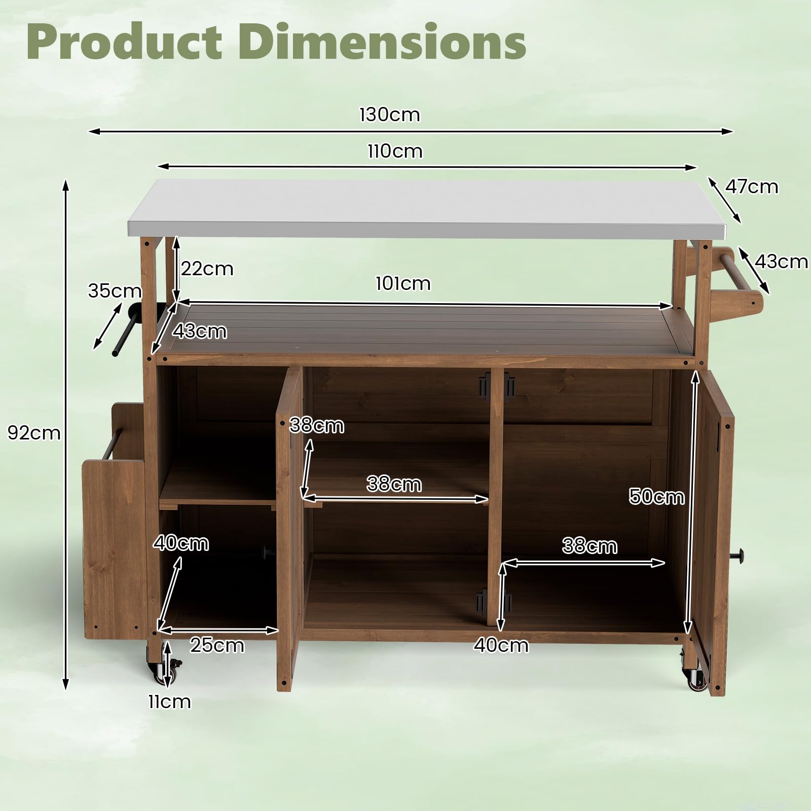 FANTASK Grillwagen Outdoor, Servierwagen mit Edelstahlplatte, Ablagen, Schrank & Gewürzregal auf Rollen für BBQ, 130 x 47 x 92 cm (1 Tür-118 x 47 x 92 cm)