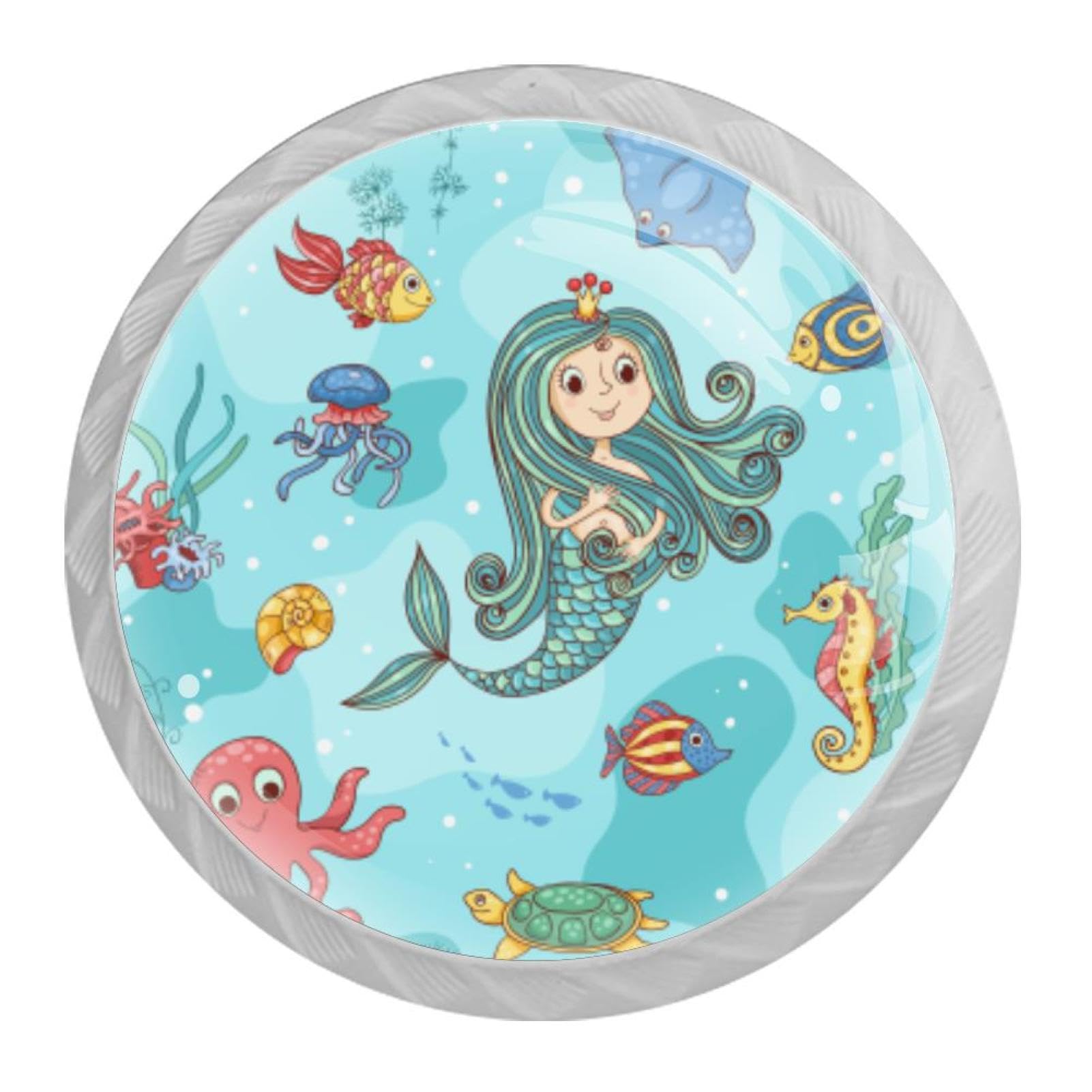Tqmspg 4 Pieces Drawer Pulls Underwater Mermaid Door Knobs Dresser Handles for Kitchen Wardrobe Cupboard Hardware Furniture