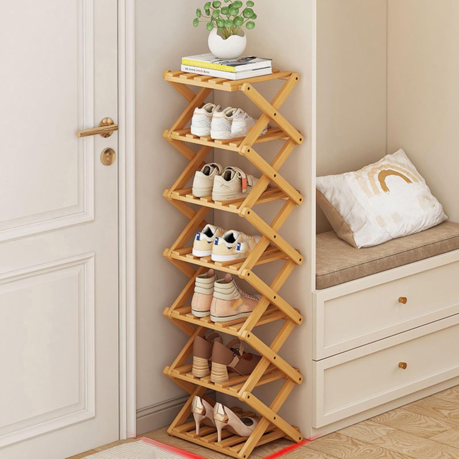 2/3/4/5/6/ Tier Foldable Shoe Rack Wood Freestanding Narrow Shoe Storage Shelf No Assembly Shoes Organizer for Corner Bedroom Closet