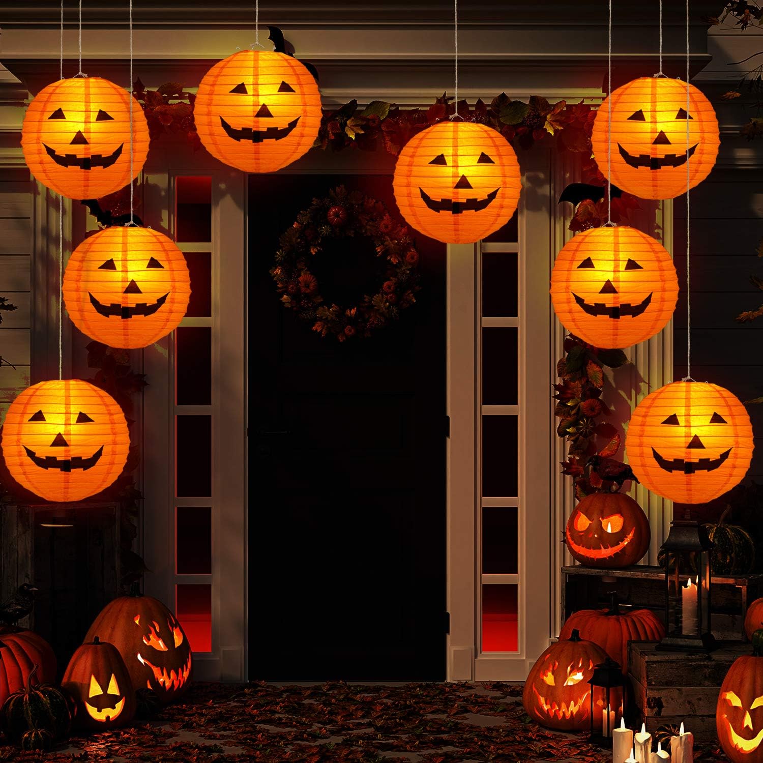 Gejoy 12pc Halloween Jack O Lantern 8inch Halloween Decorations Plastic Pumpkins Pumpkin Hanging Paper Lantern Halloween Indoor Outdoor Party Decoration Supplies