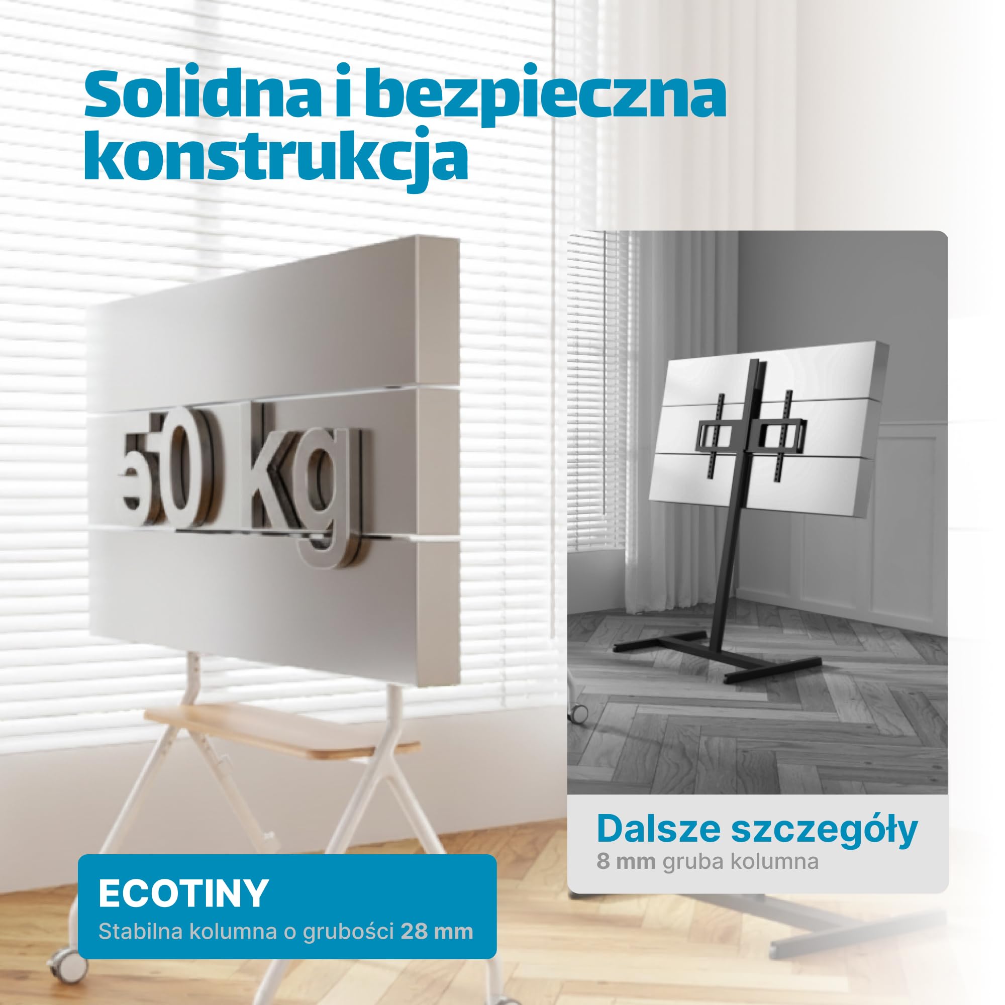 Mobilny stojak TV typu sztaluga do telewizorów 49–80 cali – wózek na kółkach z blokadą, regulowana wysokość, drewniane półki i system zarządzania kablami, VESA 600x400, kolor biały