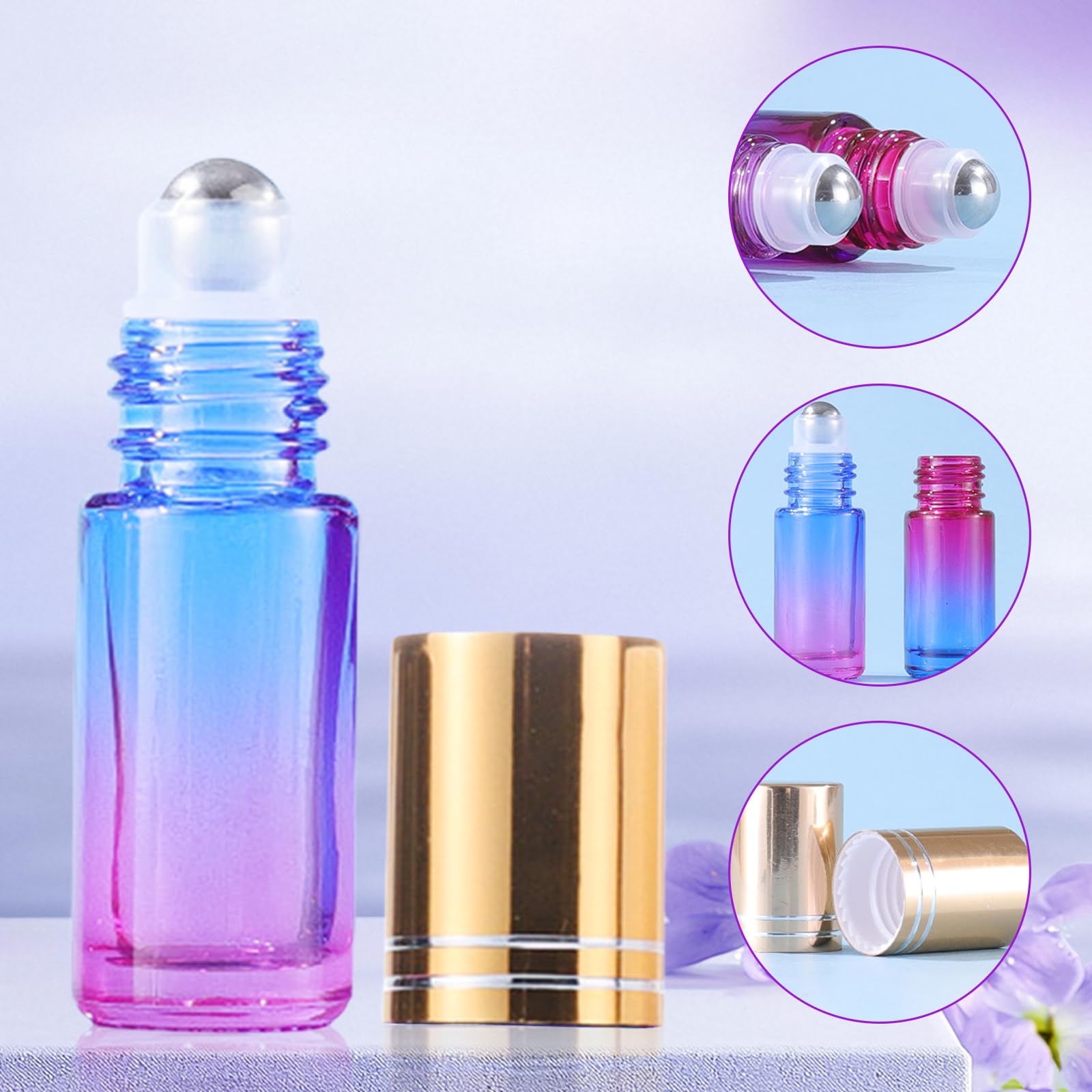 Roll On Lot de 25 bouteilles en verre multicolore de 5 ml pour huile essentielle avec boules et accessoires en acier inoxydable