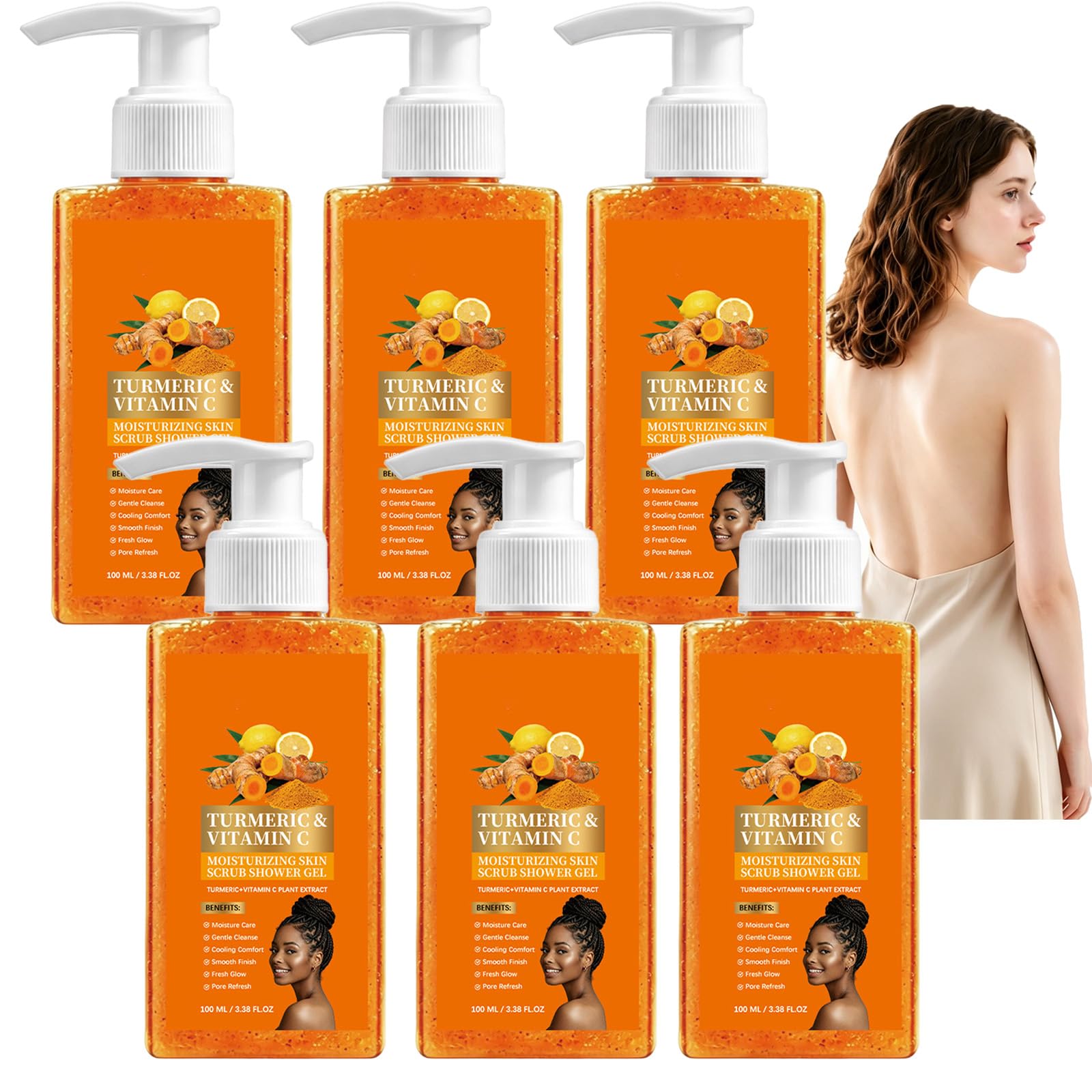 Żel pod prysznic peeling do ciała z kurkumą i witaminą C, peeling do ciała i nawilżający dla gładkiej skóry, matujący peeling do skóry o nieregularnej teksturze (6 szt.)