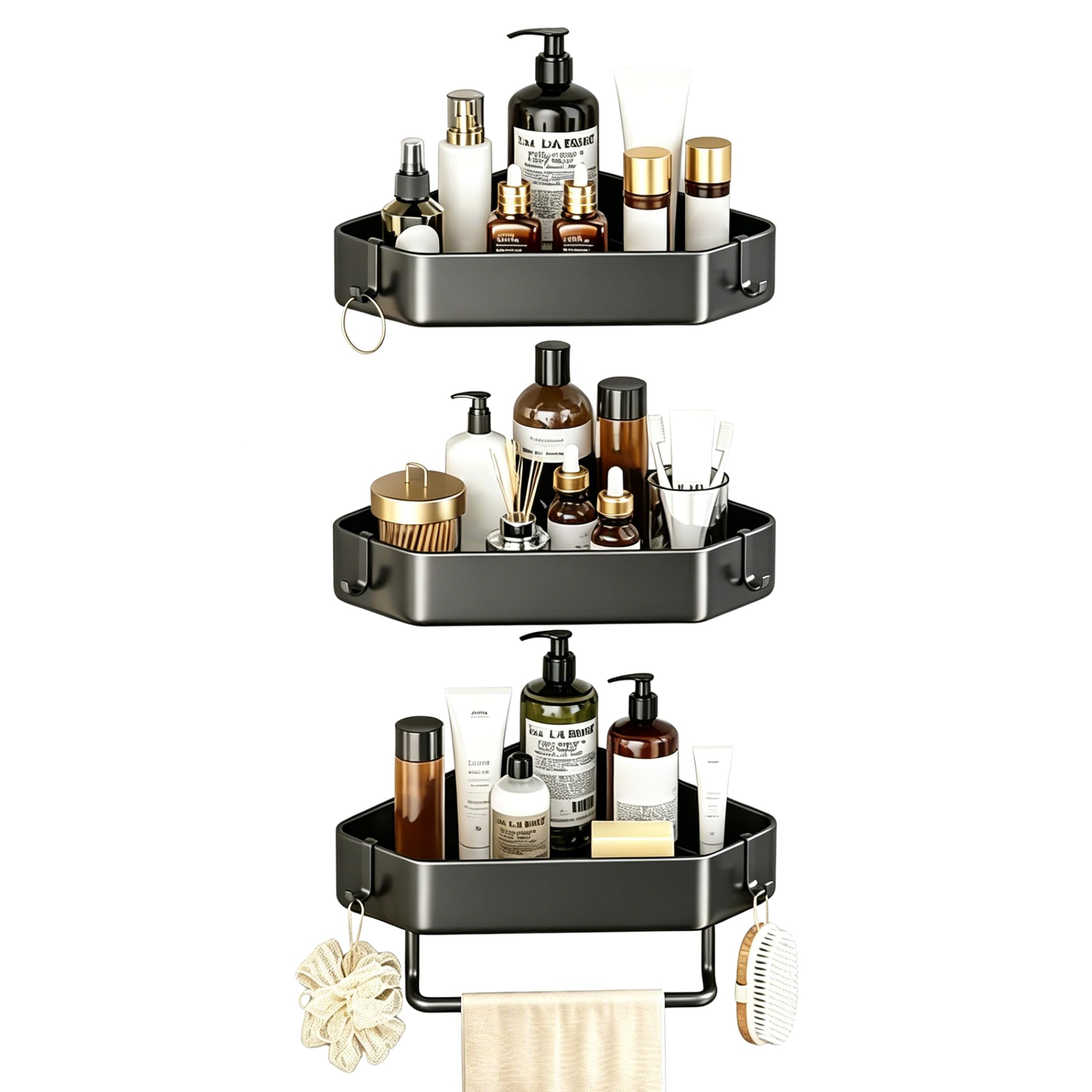 Otbushit 3-Tier Adhesive Wall-Mounted Corner Shower Caddy, Black Bathroom Corner Shelf with Towel Bar & 2 Hooks