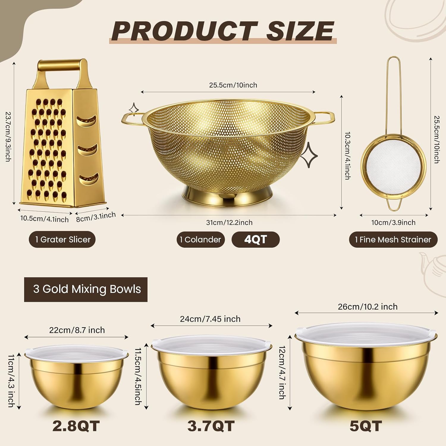 Baderke 6 Pcs Gold Kitchen Accessories Set Includes 3 Gold Mixing Bowls with Airtight Lids Stainless Steel Colander Grater Slicer and Fine Mesh Strainer(Mixing Bowls: 2.8/3.7/5 Qt, Colander: 4 Qt) - Image 2