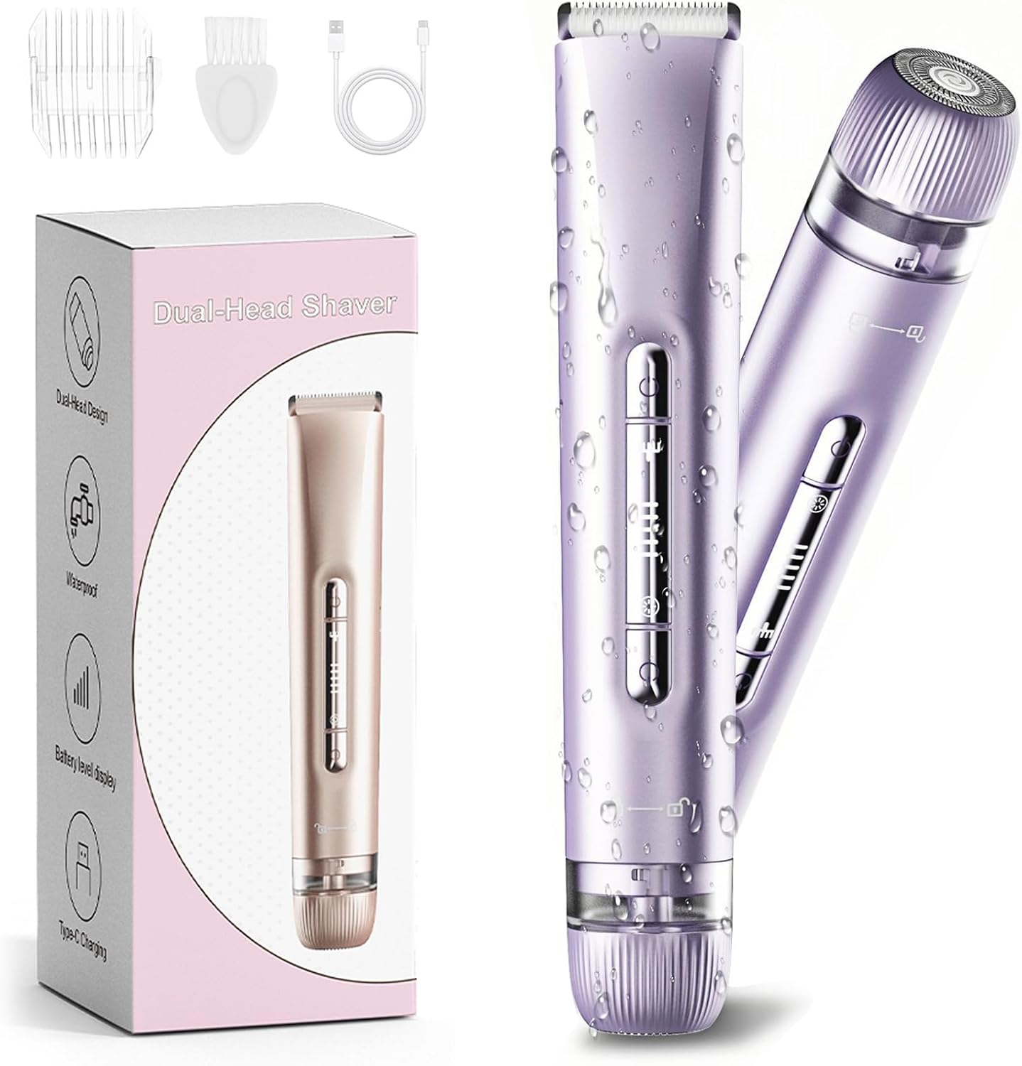 Bikini Trimmer for Women,2 in 1 Dual Head Bikini Shaver & Body Shaver,Cordless & Waterproof Electric Bikini Trimmer for Women, Painless Hair Removal with Silky Glow Finish,New Purple