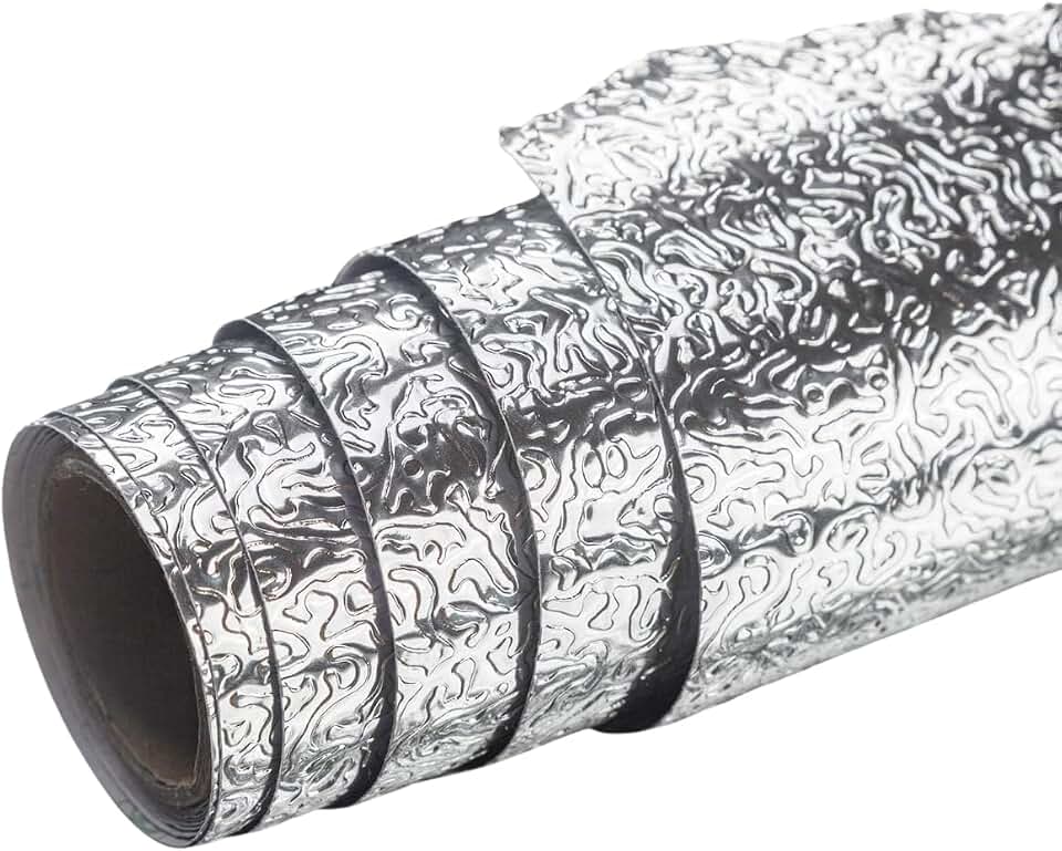Adesivo de Alumínio Impermeável Papel de Parede Autocolante Revestimento Metálico Texturizado Protetor Térmico Anti Gordura para Cozinha e Bancada