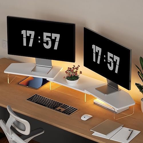 Soporte elevador LED de doble monitor para 2 monitores, soporte de madera de escritorio de oficina, longitud y ángulo ajustables, 3 estantes,