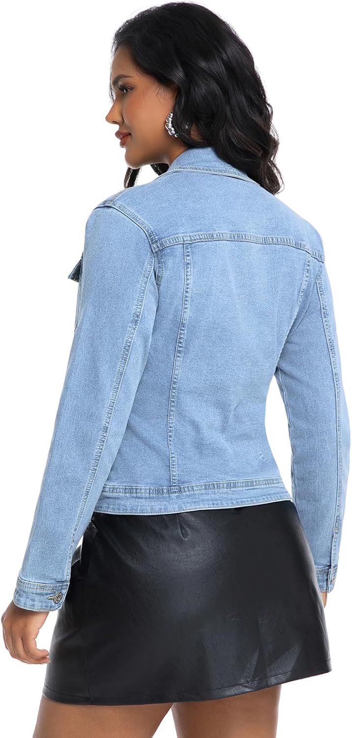 Women Cropped Denim Jacket Lapel Button Down Long Sleeve Slim Fitted Stretchy Short Jean Jacket with Pockets - Image 5
