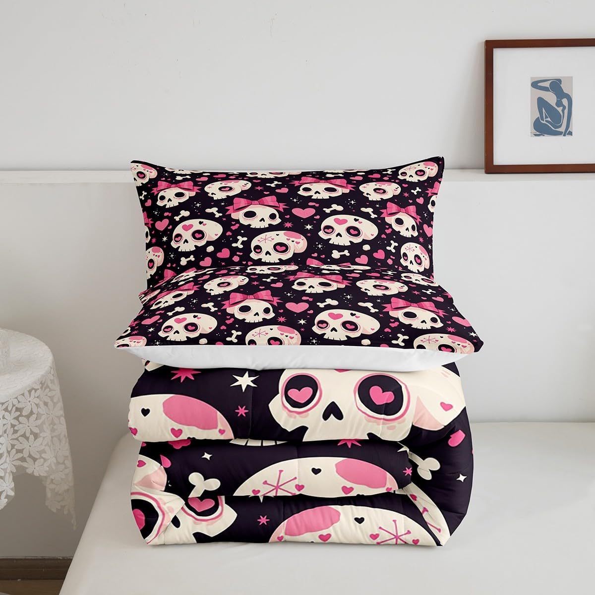 Manfei Skeleton Kids Comforter Set Twin Size,Bowknot Stars Love Heart Princess Bedding Set,Girls Women Room Decor,Cartoon Skull Halloween Trippy Down Comforter,Pink Duvet Insert,1 Pillowcase