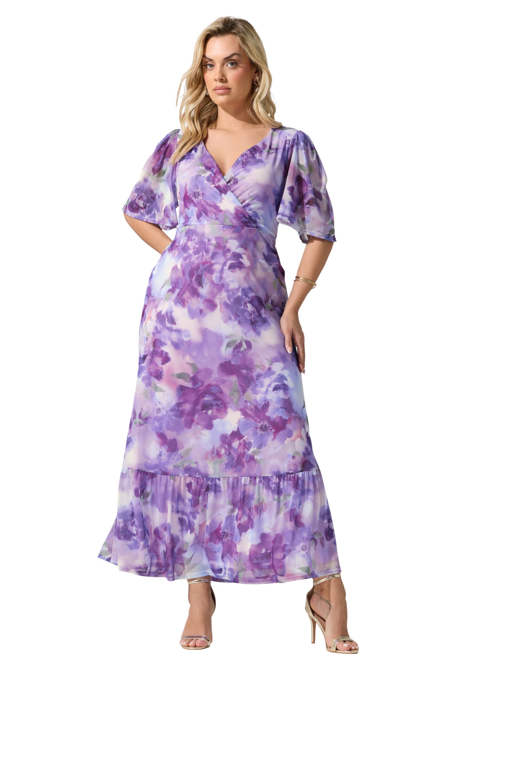 Yours London Curve Floral Wrap Ruffle Hem Dress - Women's - Plus Size Curve Purple