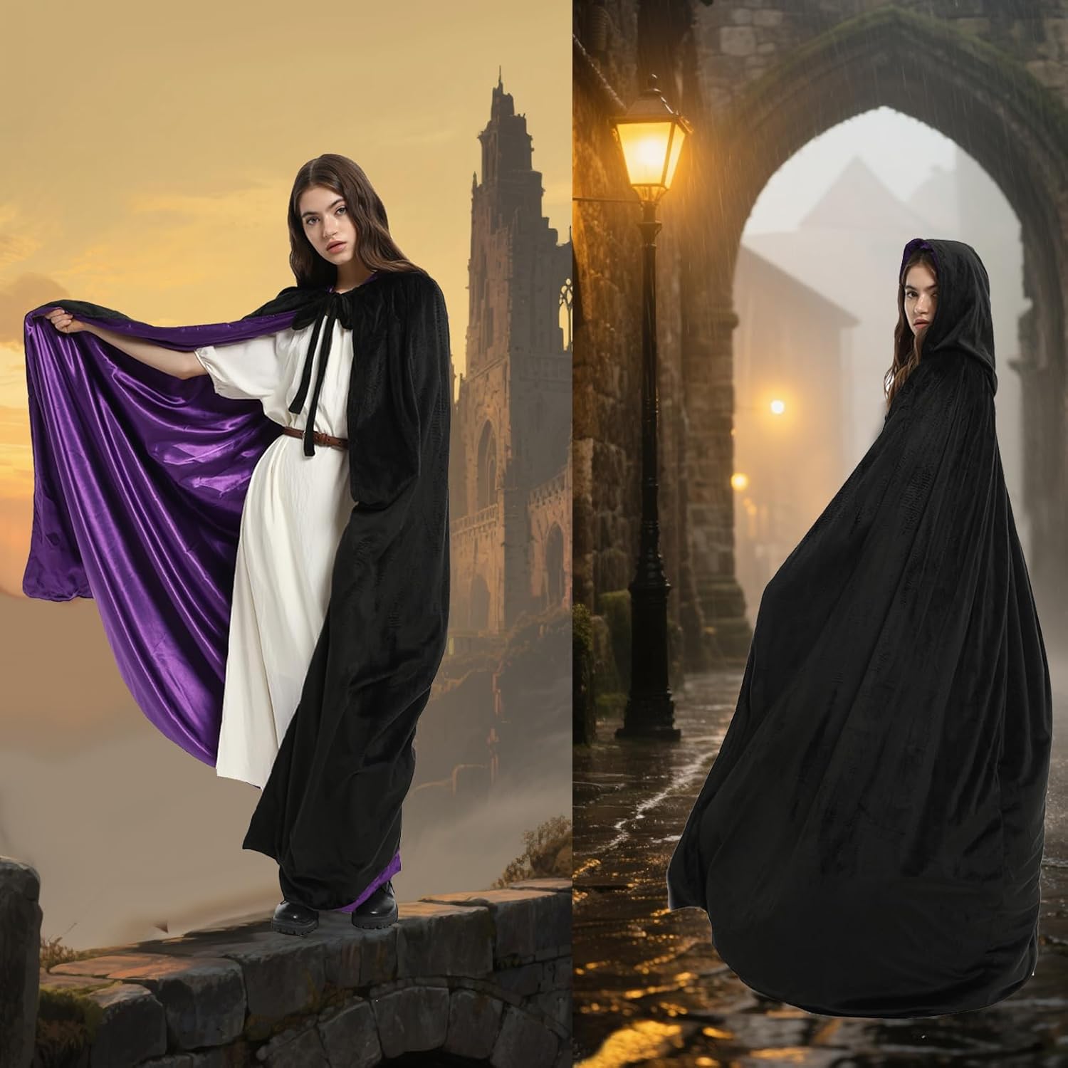 WAUKN Black Hooded Coak Women, Halloween Velvet Capes Reversible Cloaks - Image 8