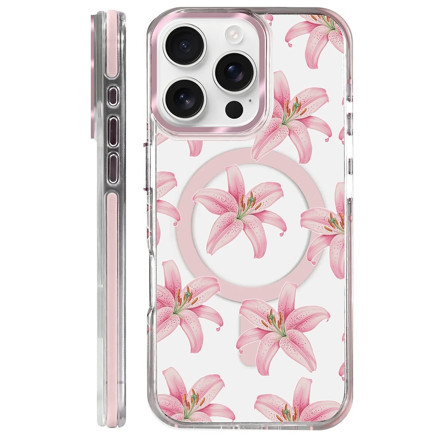 Coque iPhone 16 Pro transparente fleur de lys tigre rose Magsafe - 8