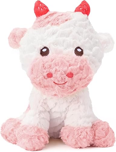 MORCCO Peluche de vaca rosa, peluche de vaca esponjosa con cuernos en forma de fresa, lindos animales de peluche para niñas y niños pequeños,