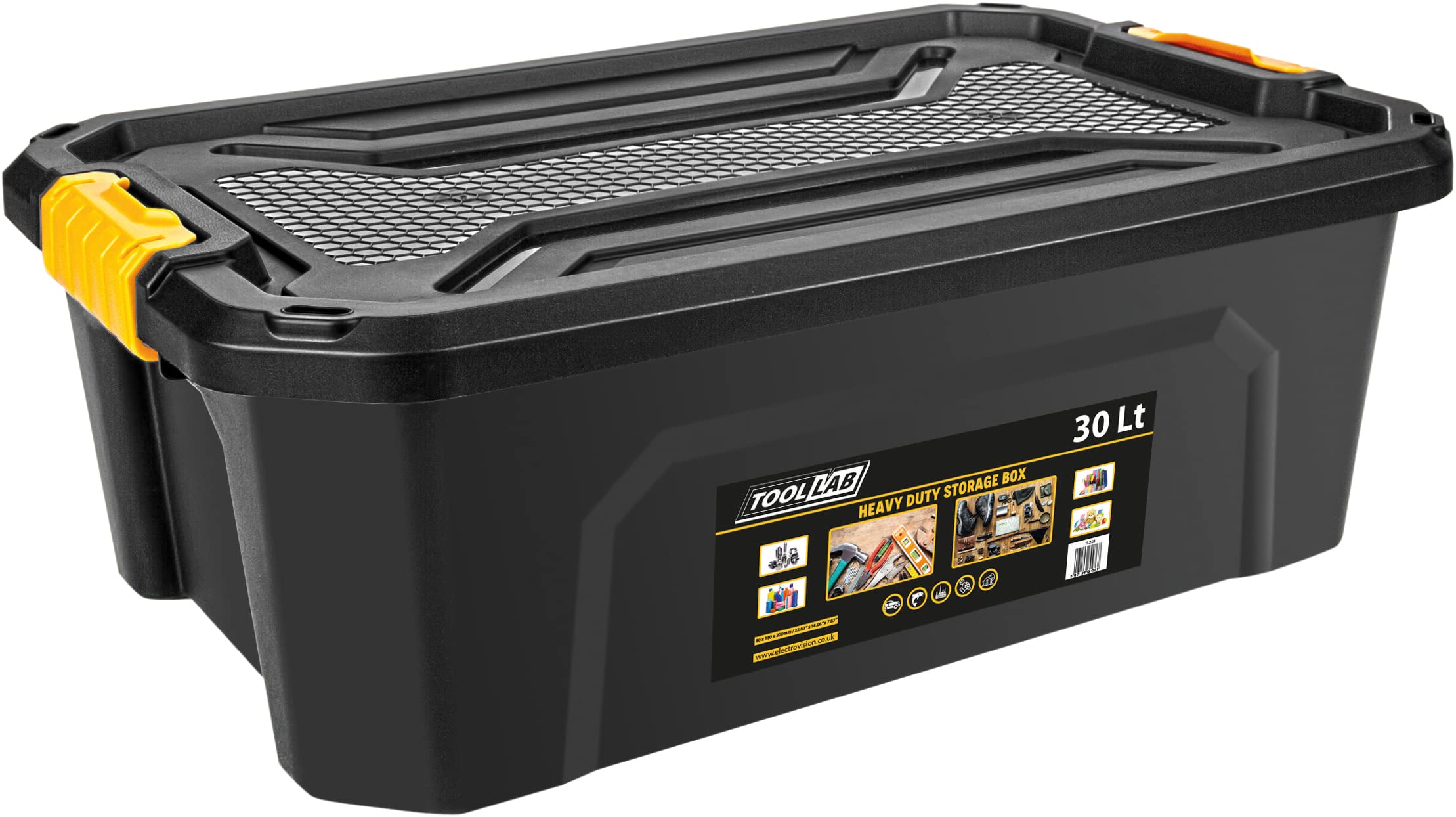 Tool Lab Heavy Duty Polypropylene Storage Box with Clip on Lid. Ideal for storing items in garages and lofts. (30 Litre : 580 x 380 x 200mm)