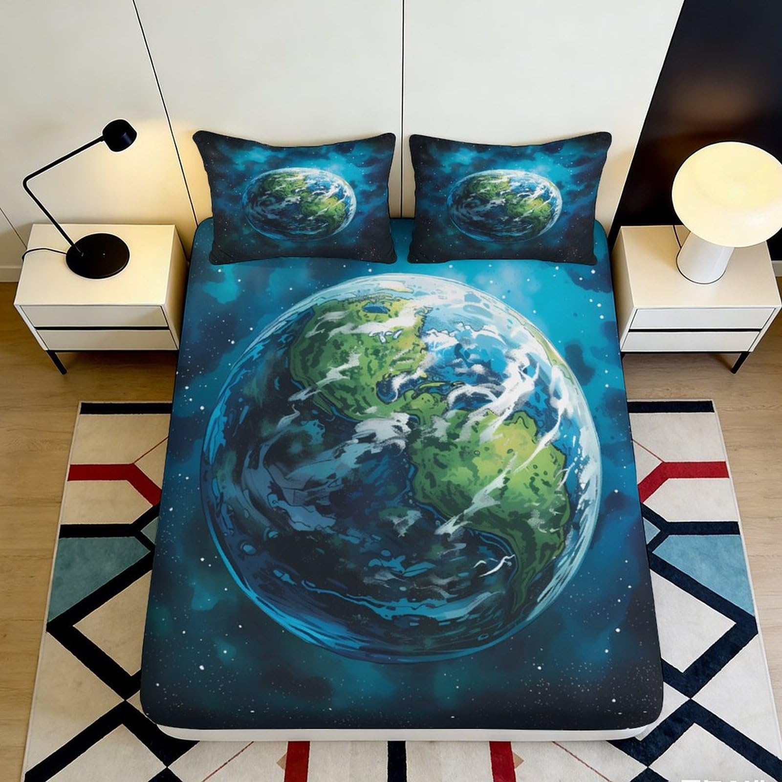 3D Printed Earth Pattern Fitted Sheet Microfiber Deep Pocket Bedroom Bedding Earth Mattress Fitted Cover Washable Non-Slip Wrap 140x200x25cm