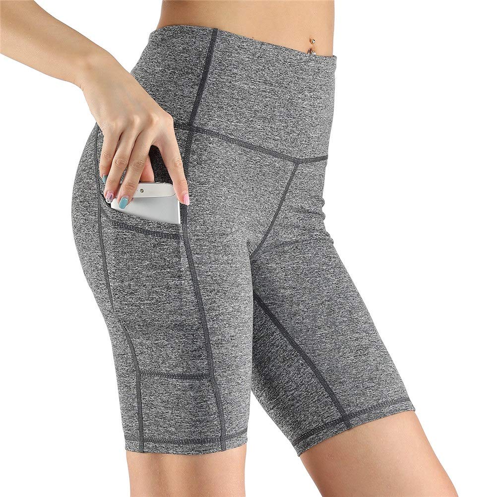 Mujer Mallas Shorts de Yoga, La alta cintura del entrenamiento de la yoga de las mujeres Pantalones cortos Bolsillos flexión de la energía transpirable flaco Correr Activewear pantalones calientes con