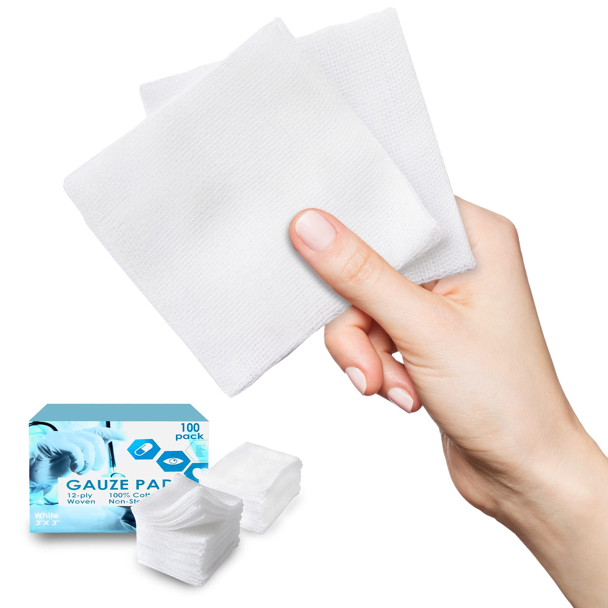 EZGOODZ Cotton Gauze Pads Non Sterile 3 x 3 Inch. 100 Pack of White 12-Ply Non Stick Gauze Pads Non Sterile. Disposable Absorbent Medical Gauze Squares. Breathable and Soft Surgical Gauze Pad