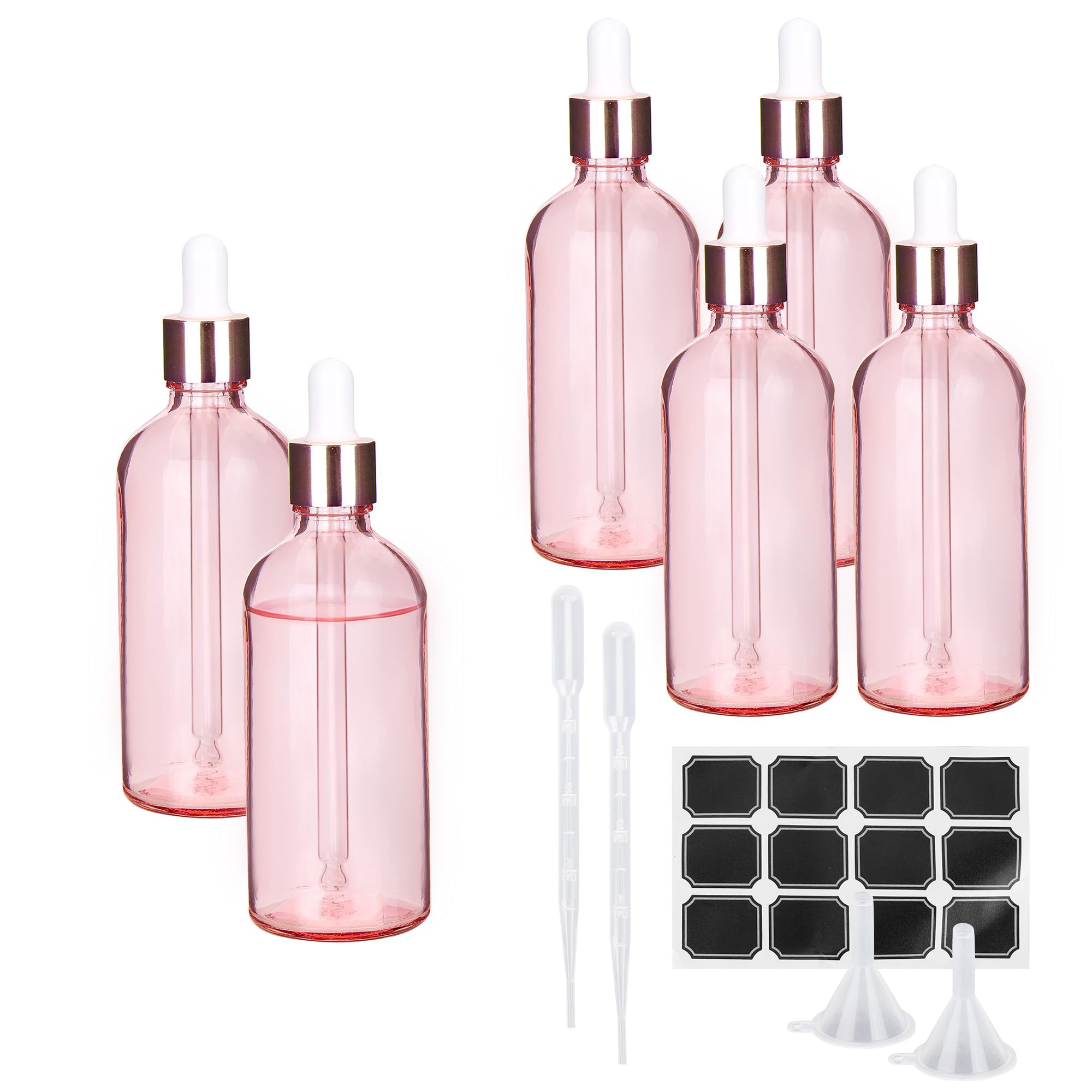 Axincardarm Pink 6 Pcs 100Ml Glass Dropper Bottles With Pipette Dropper Bottles For Essential Oil Blending, Perfumery, Cosmetics