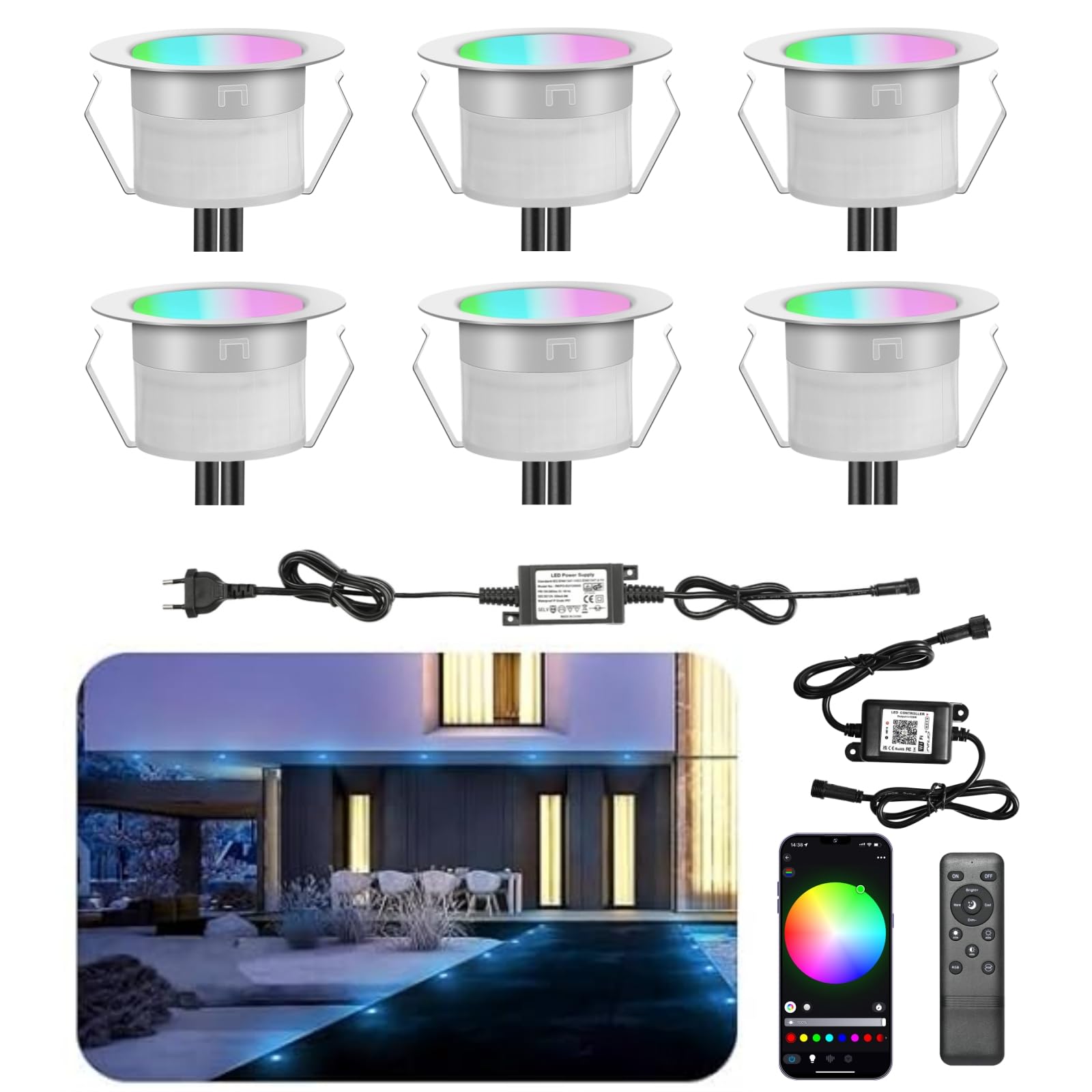 Lampe au Sol WiFi RGBW étanche IP67 Ø45mm - Éclairage pour Terrasse, Jardin, Extérieur (Lot de 6)