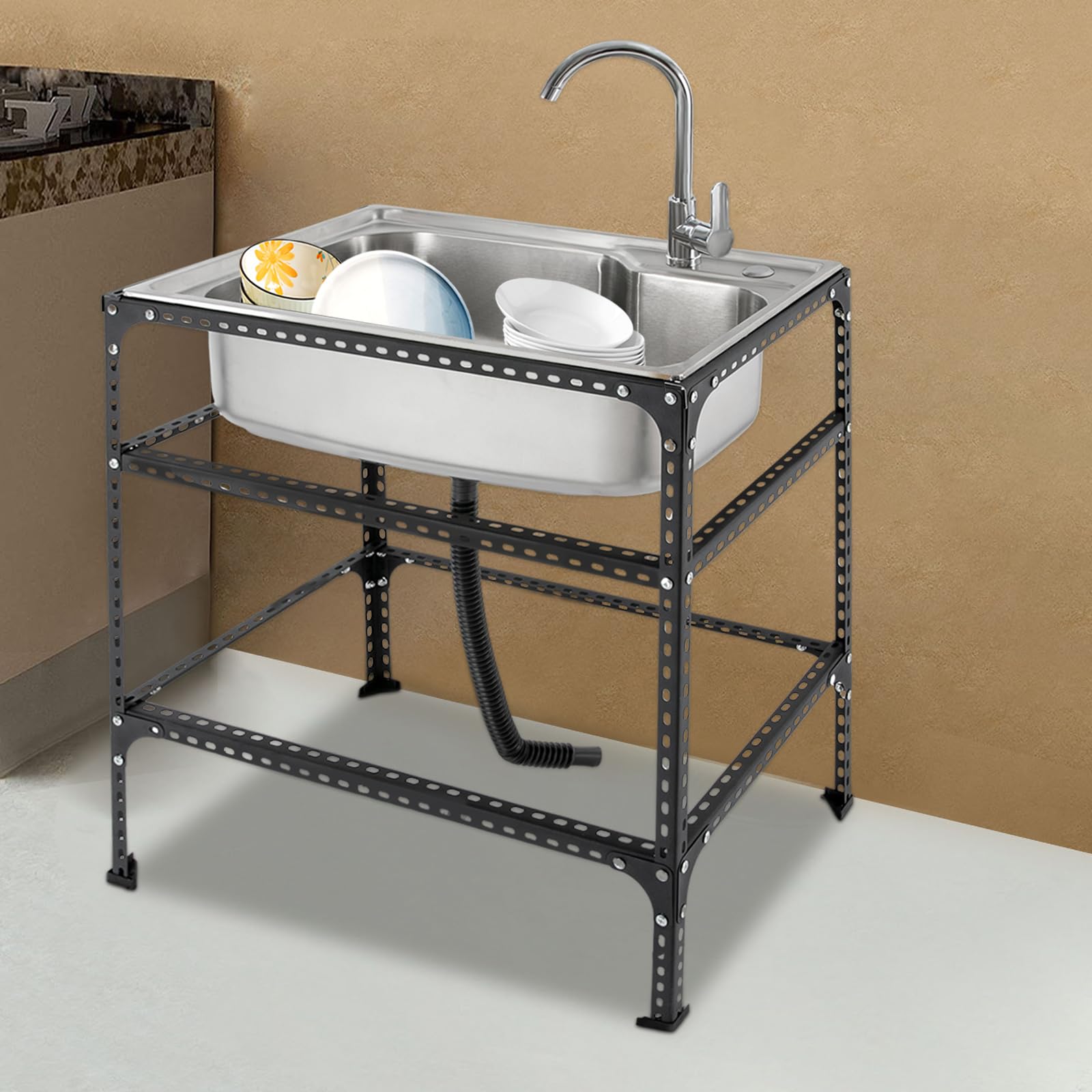 Gewerbliche Edelstahl-Einzelbecken-Küchenspüle mit Armatur und Abtropffläche, 28 x 18 x 30 Zoll, ideal für Bars, Restaurants, Hotels und den privaten Gebrauch.