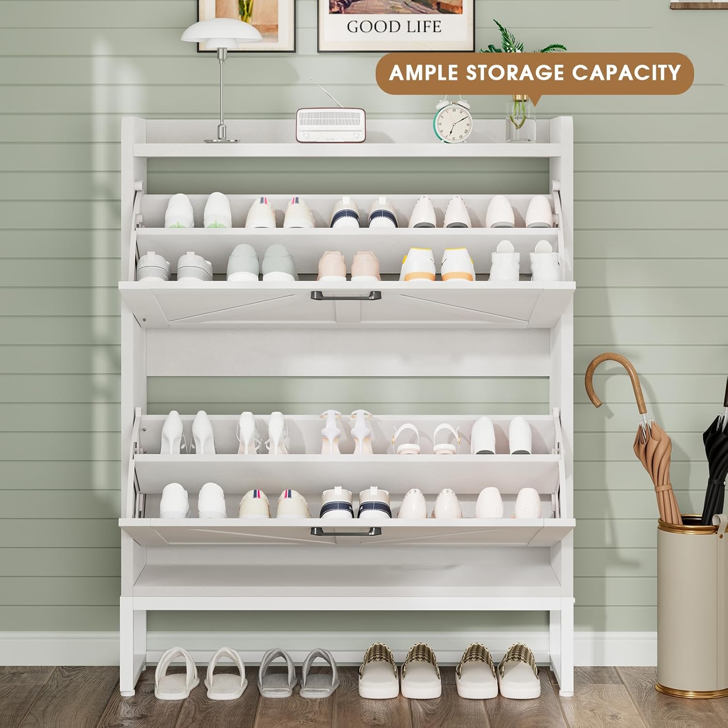 Shoe Cabinet, Shoe Storage Cabinet with 2 Flip Drawers & Adjustable Shelf, Space-Saving Shoe Organizer – Holds 16+ Pairs, Narrow Shoe Cabinet Storage for Entryway/Hallway（White）