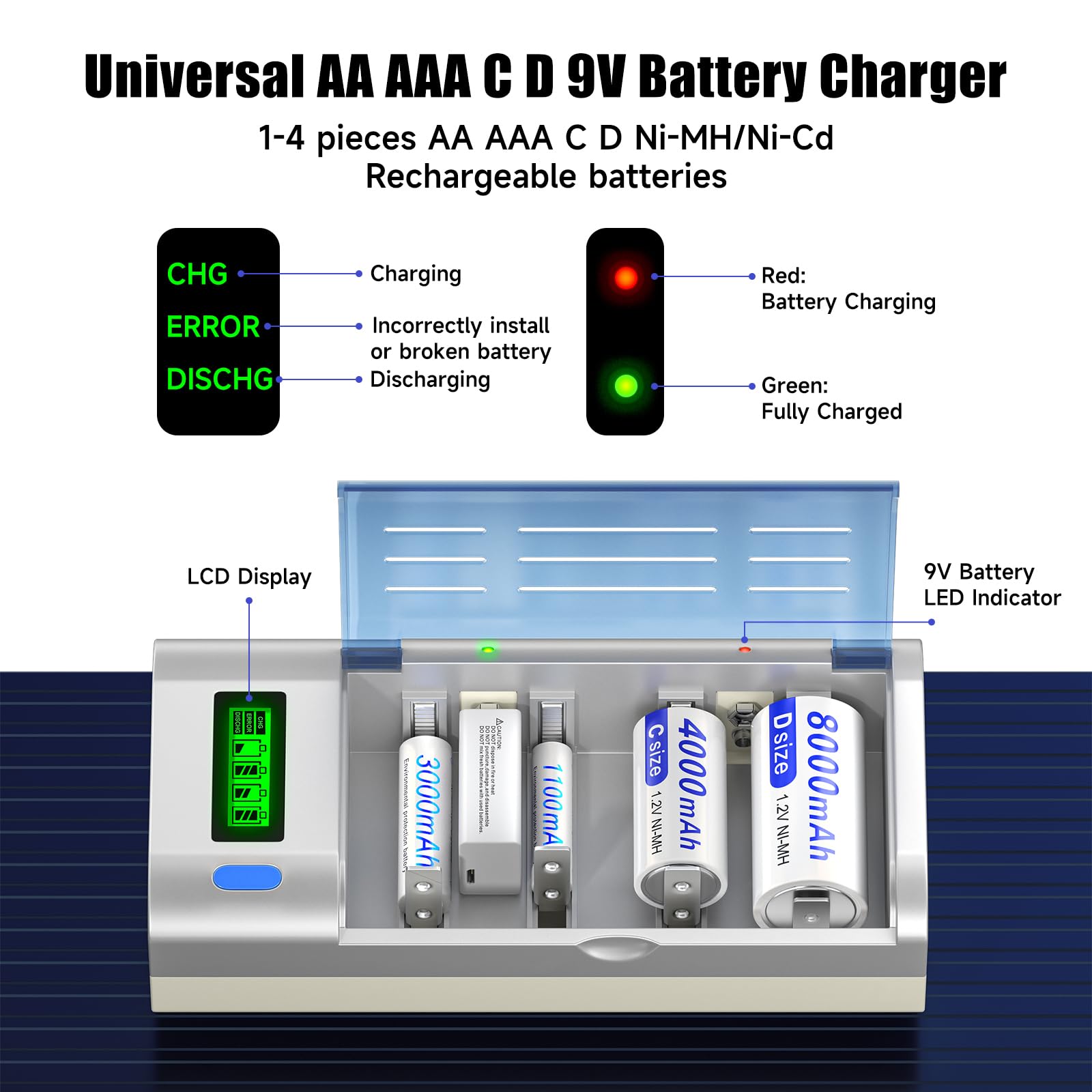 6 Packs D Rechargeble Batteries 8000mAh with C D 9V AA AAA Battery Charger?Discharge Function?3 Batteries Box