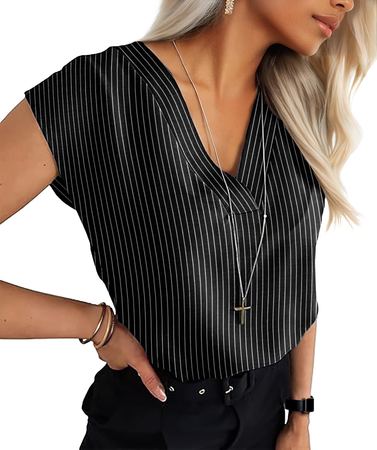 Qixing Women's V Neck Blouses Cap Sleeve Shirts Casual Loose Work Office Solid Tops