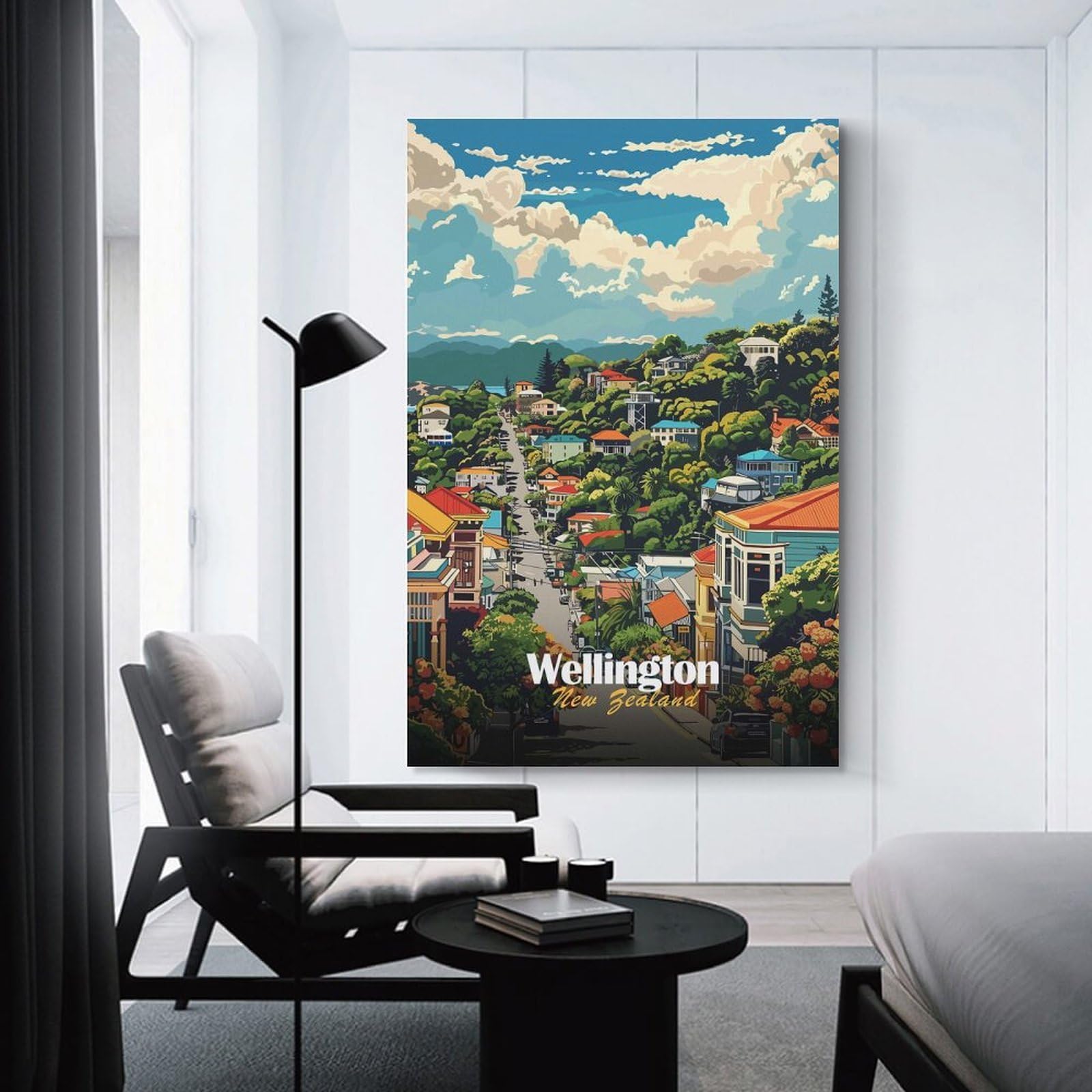 Junmoney Wellington, New Zealand Cityscape Room Decor Wall Art 24x36inch(60x90cm), for Bedroom, Guest Room Or Reading Nook, An Easy Wall Refresh for Bedrooms