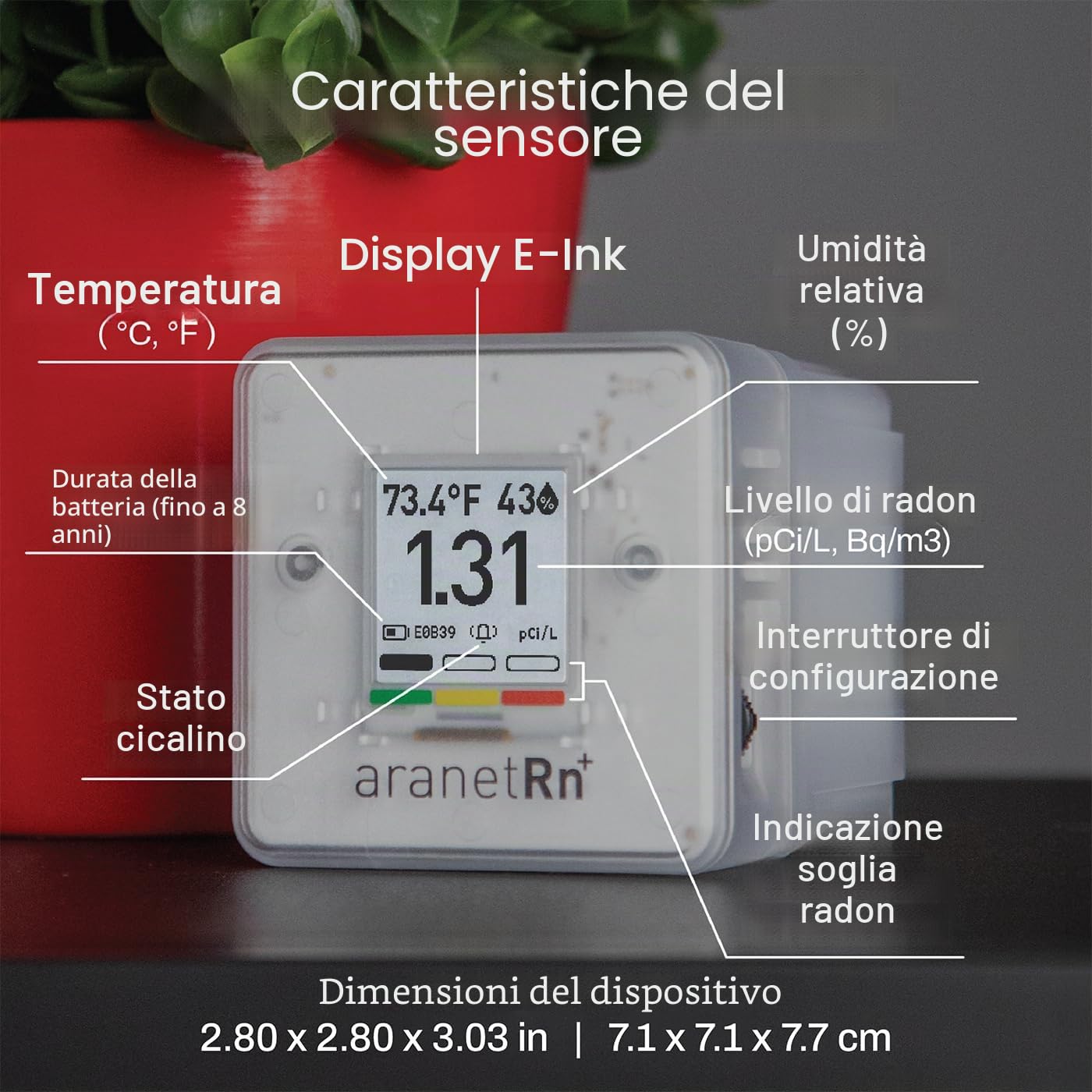 SAF Aranet Rivelatore di Radon per la casa: Misura 10 Min, temperatura, umidità relativa, Pressione, Display e-Ink, Batteria di 7 anni, Portatile con App Gratuita