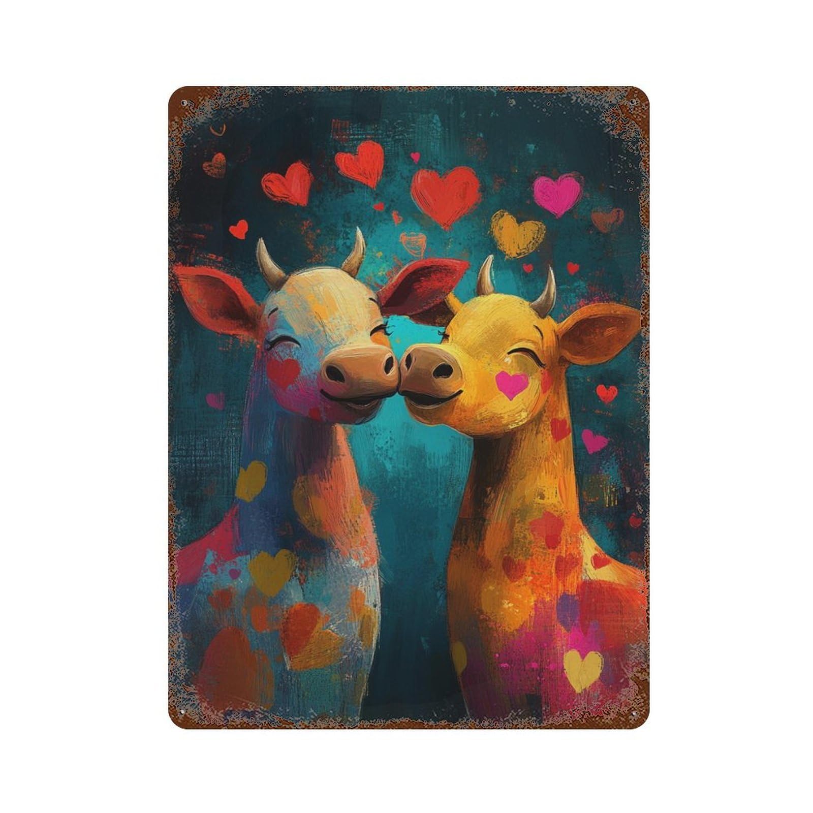 Love Hearts Cow Painting Retro Metal Sign 15.7"x11.8", Novelty Wall Decor for Garage, Pub Or Kitchen