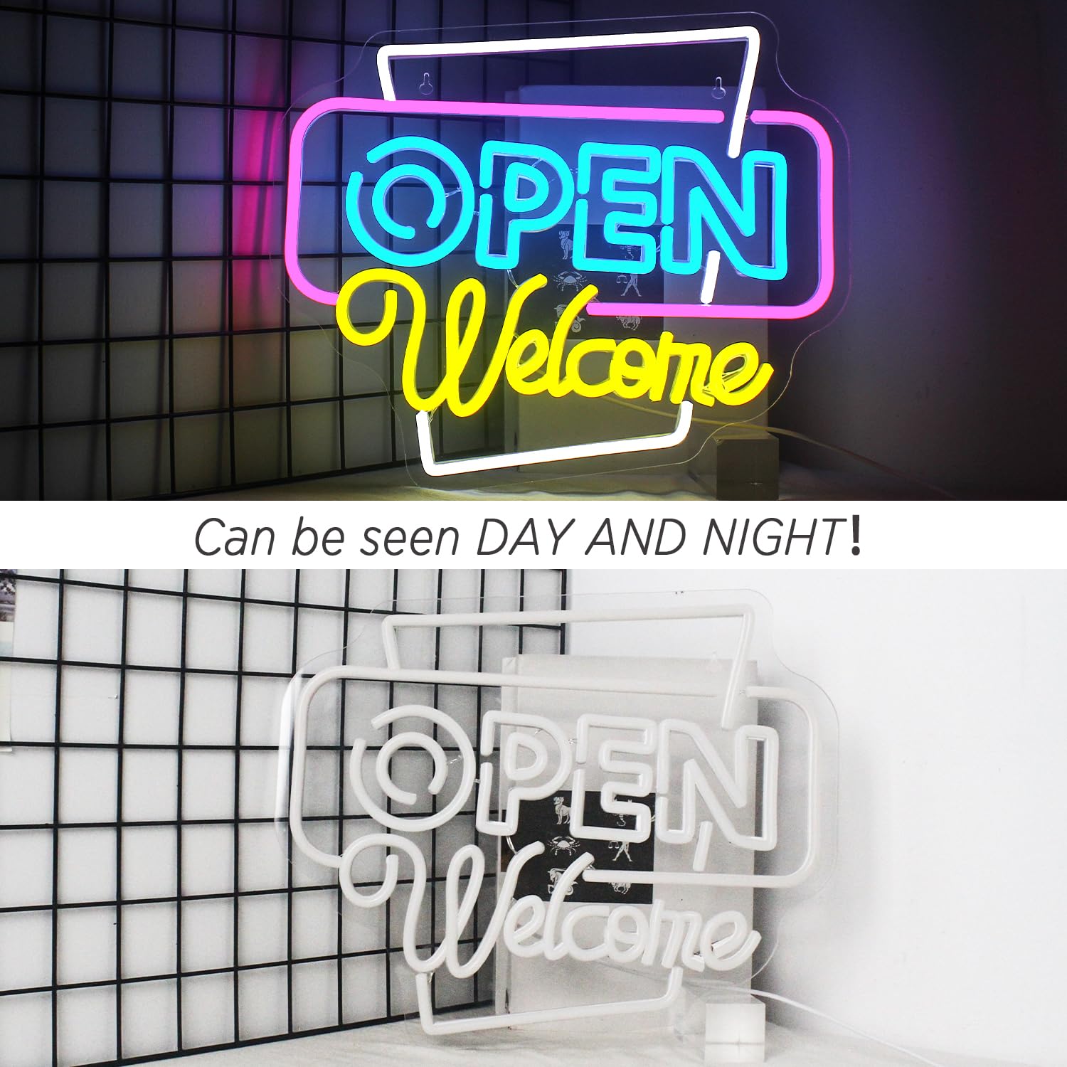 Horseneon Letrero de neón abierto de bienvenida Letrero LED abierto Letreros de neón abiertos coloridos Letreros de neón USB Letrero LED abierto ultrabrillante para tienda de negocios Ventana Bar
