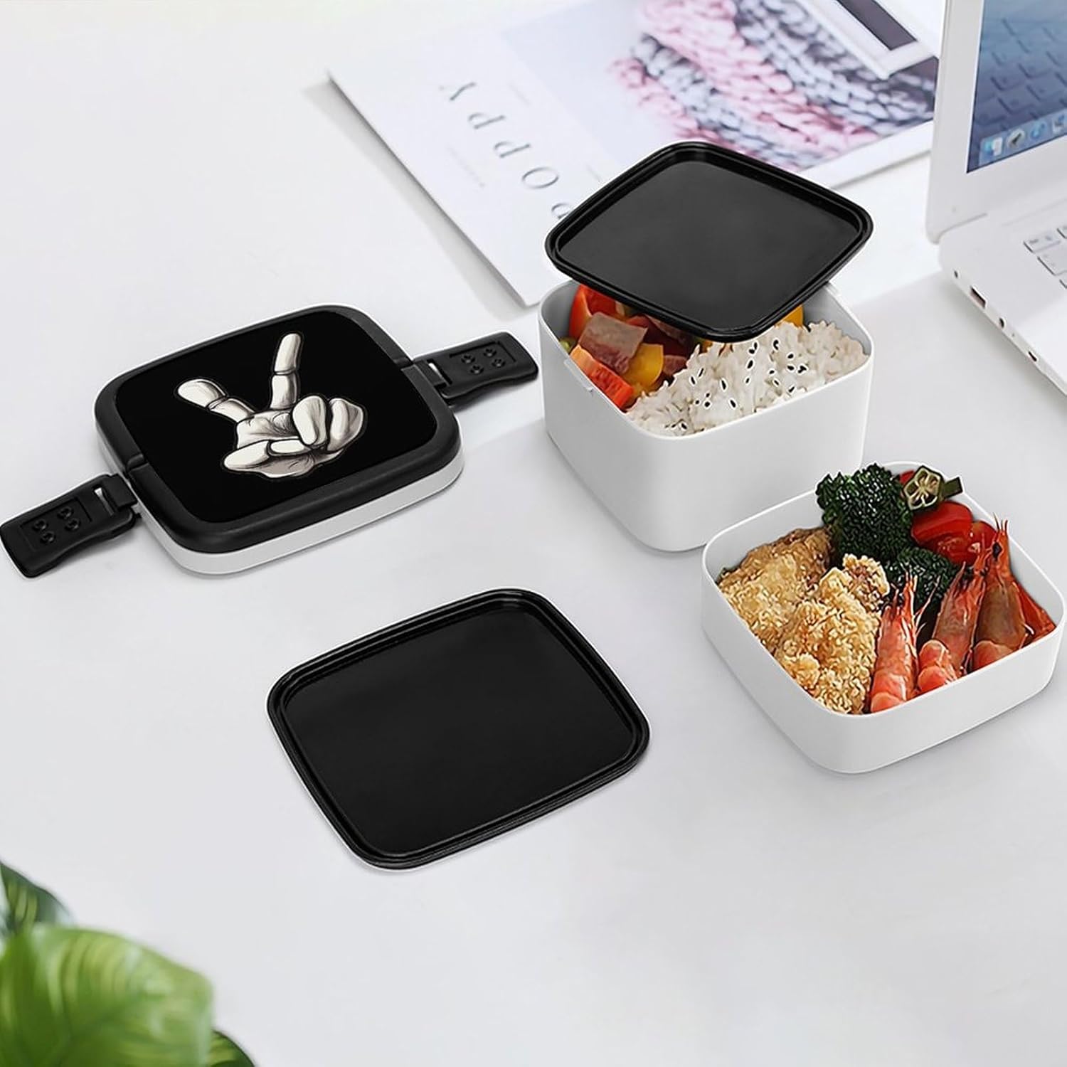 Halloween Skeleton Hand Peace Bento Box with Spoon 2 Layer Food Container Cute Lunch Box for Travel Dining Work